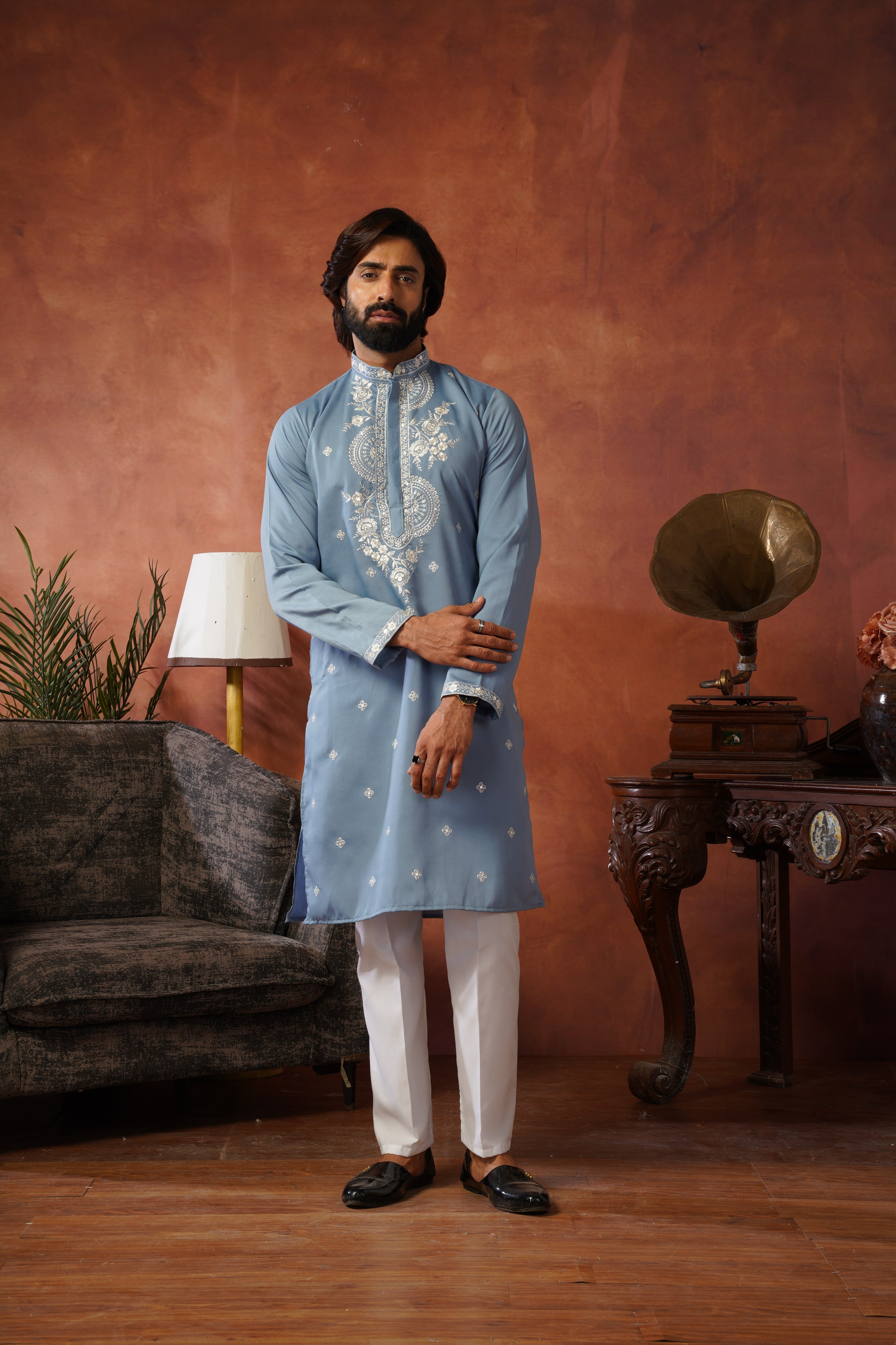 Floral Embroidered Neckwork Pastel Blue Kurta Set for Men