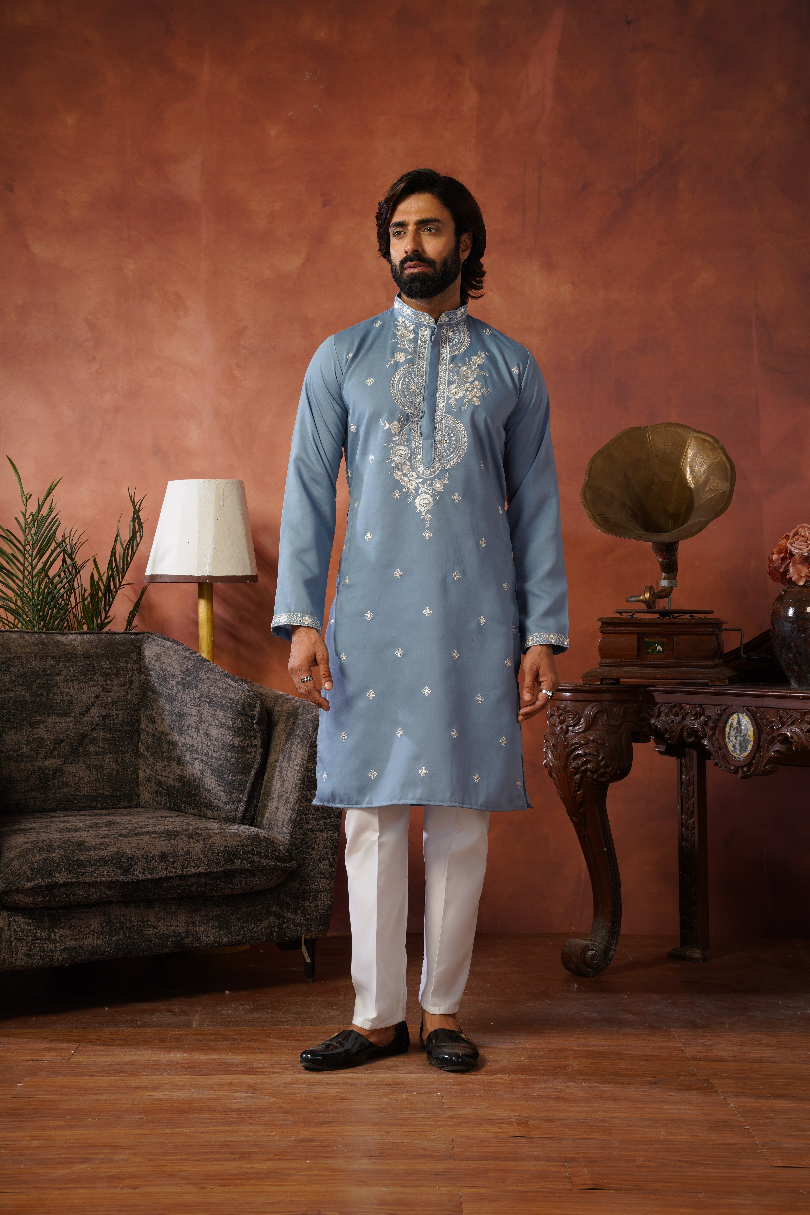 Floral Embroidered Neckwork Pastel Blue Kurta Set for Men