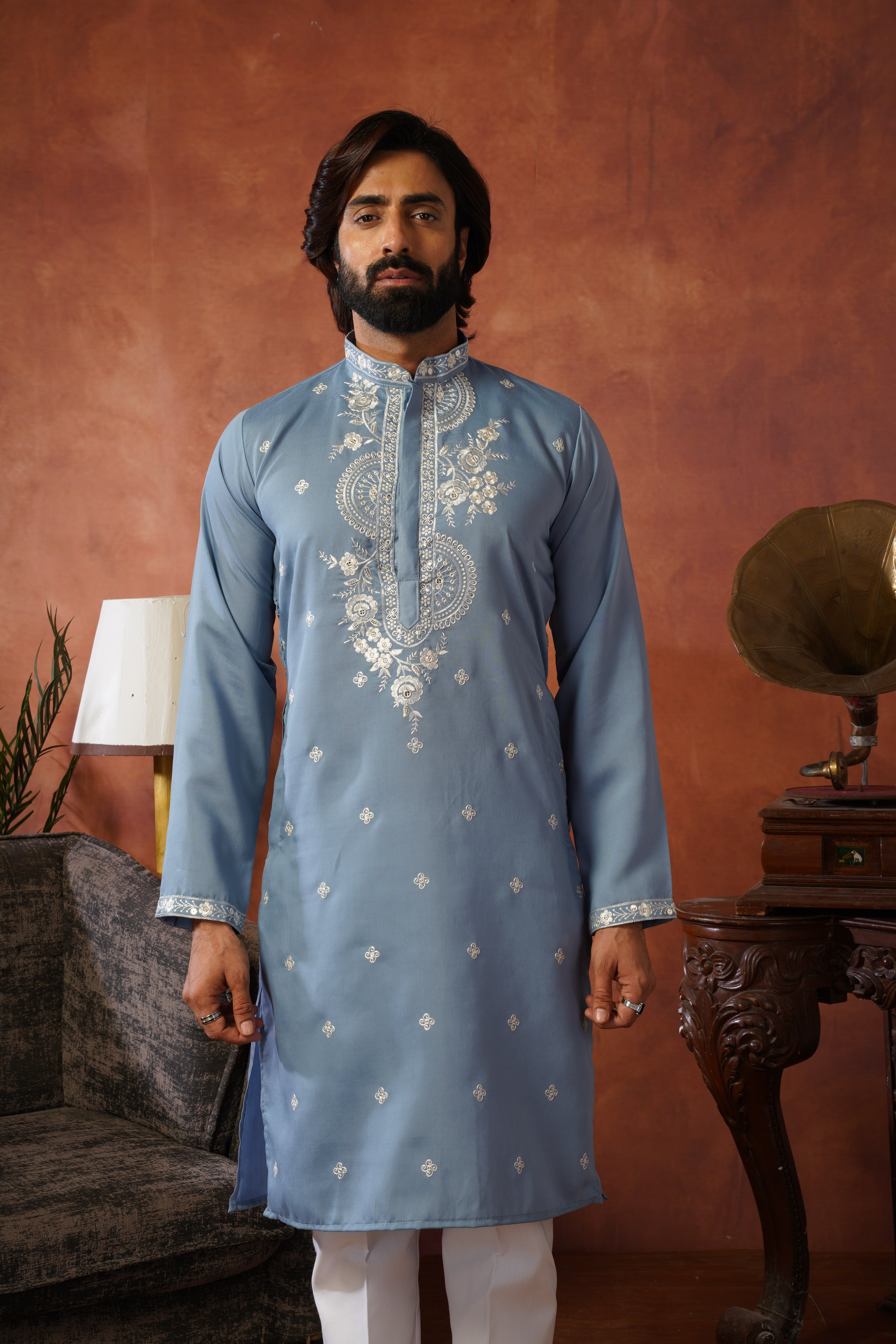 Floral Embroidered Neckwork Pastel Blue Kurta Set for Men