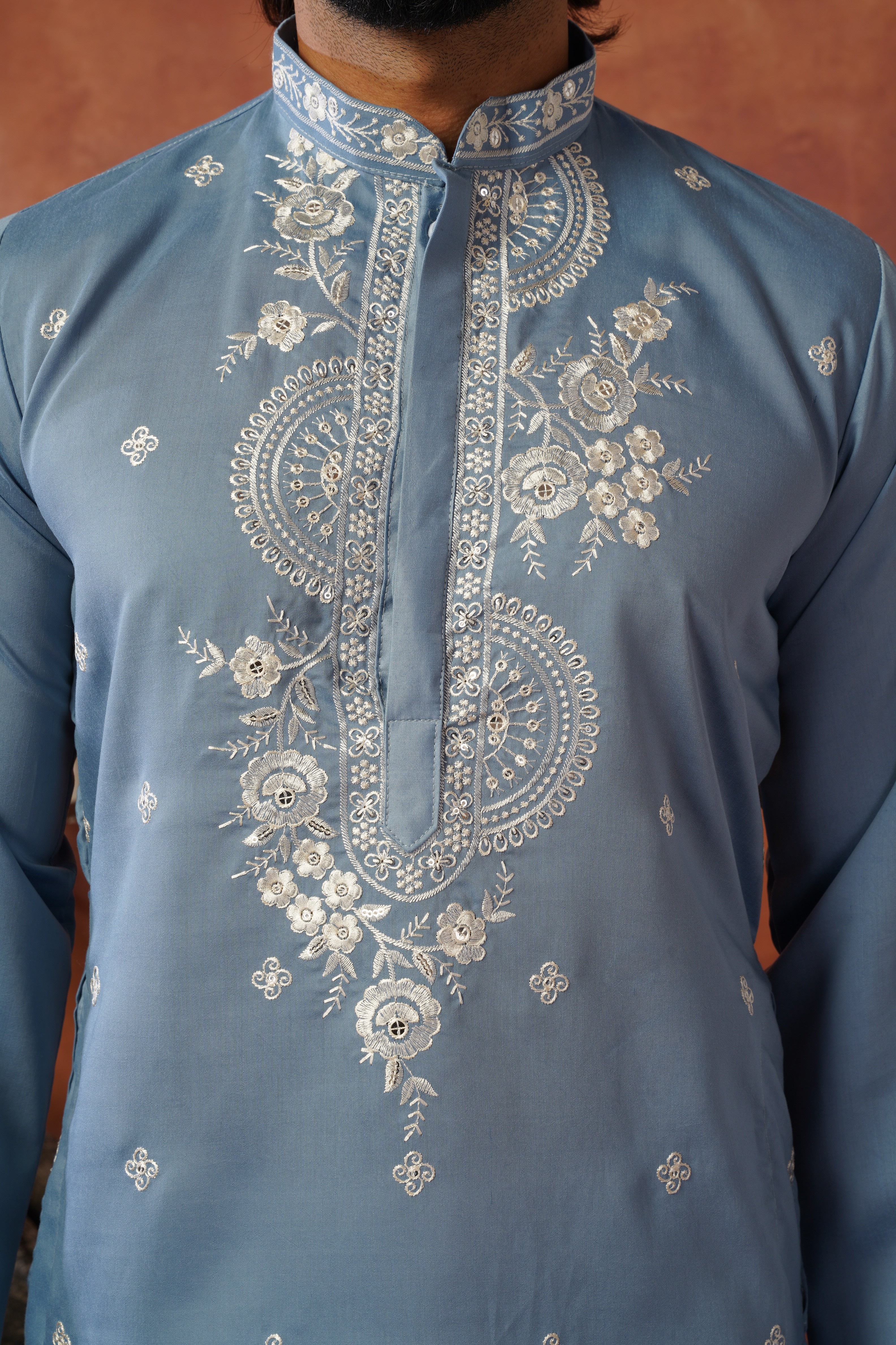 Floral Embroidered Neckwork Pastel Blue Kurta Set for Men