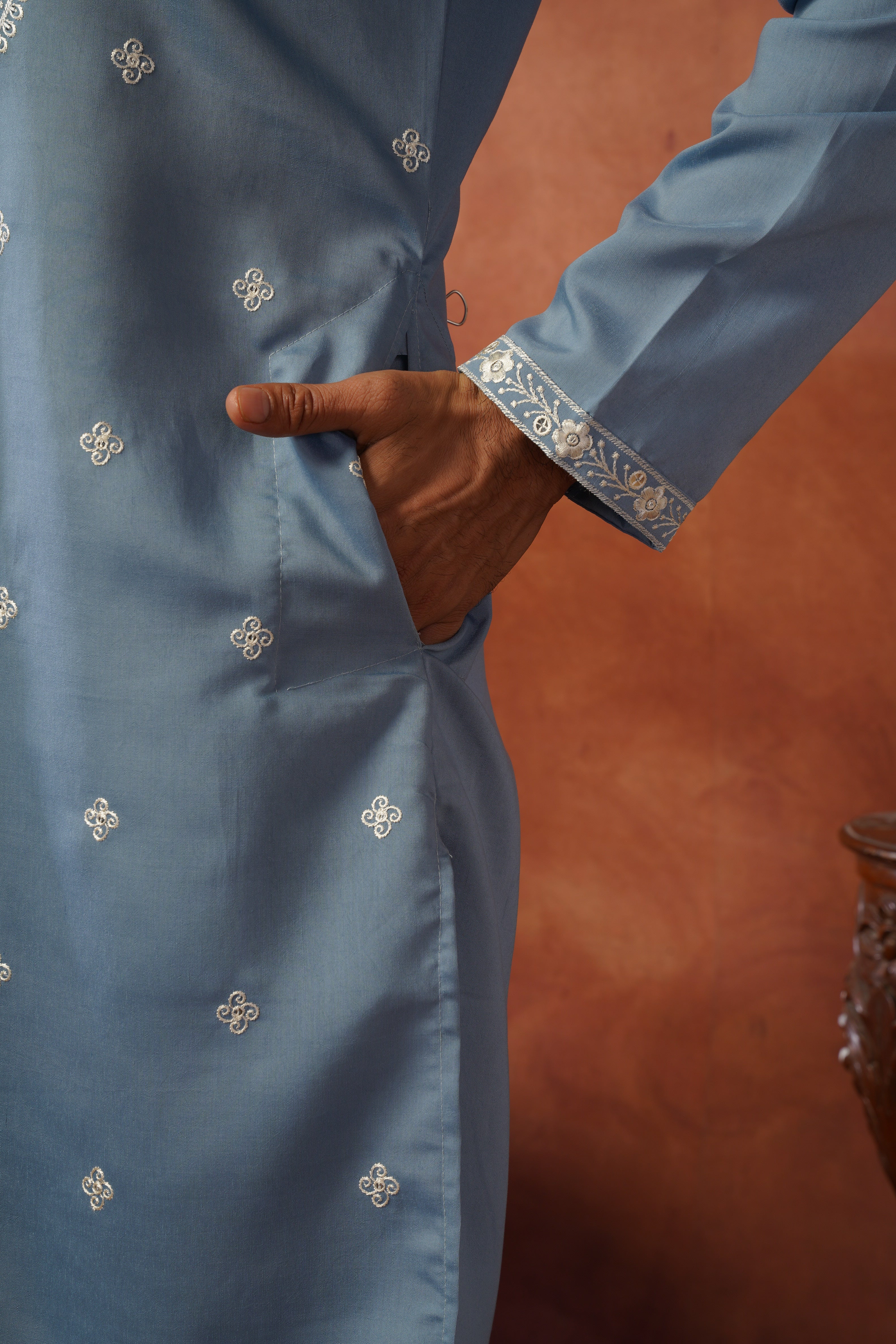 Floral Embroidered Neckwork Pastel Blue Kurta Set for Men
