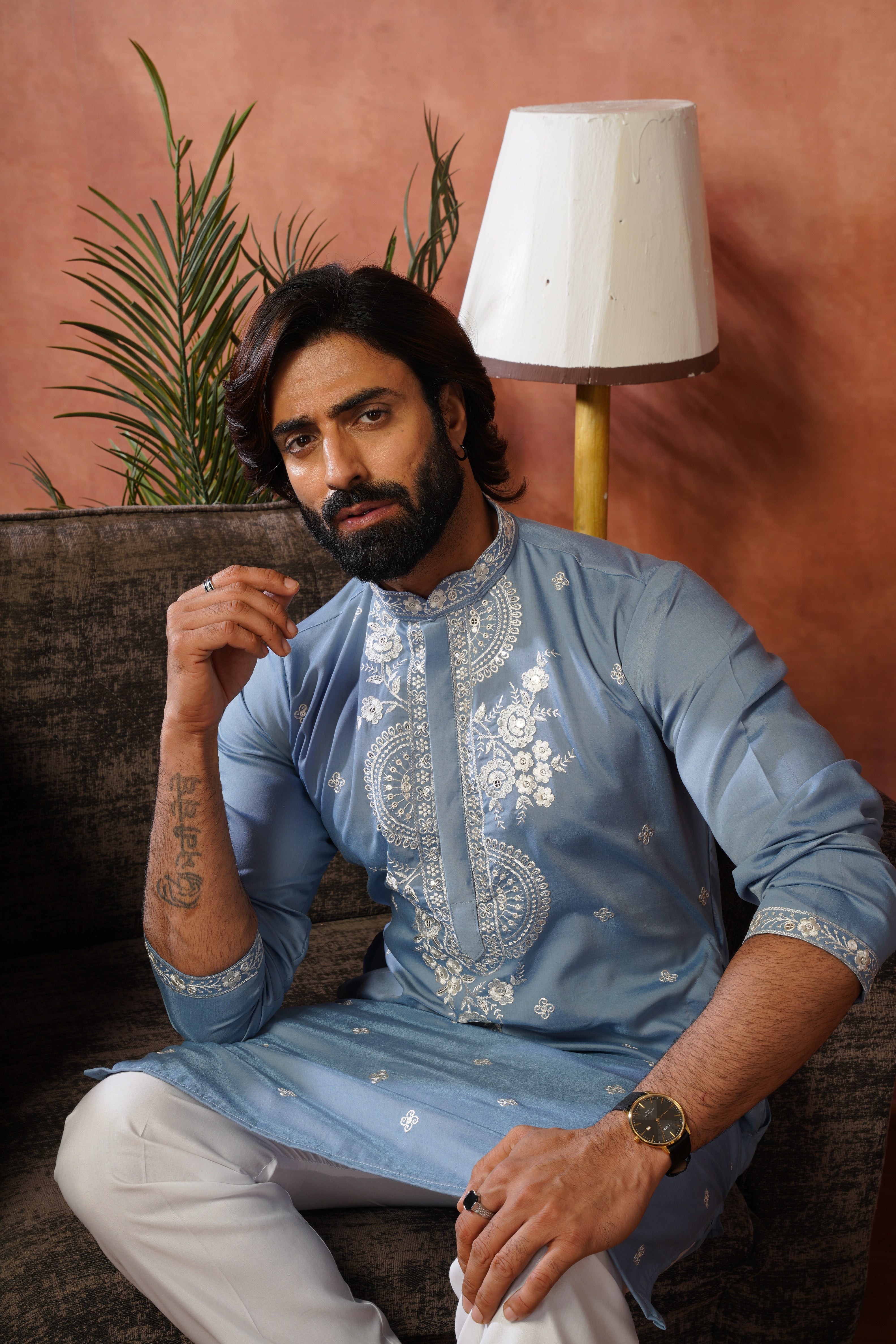 Floral Embroidered Neckwork Pastel Blue Kurta Set for Men