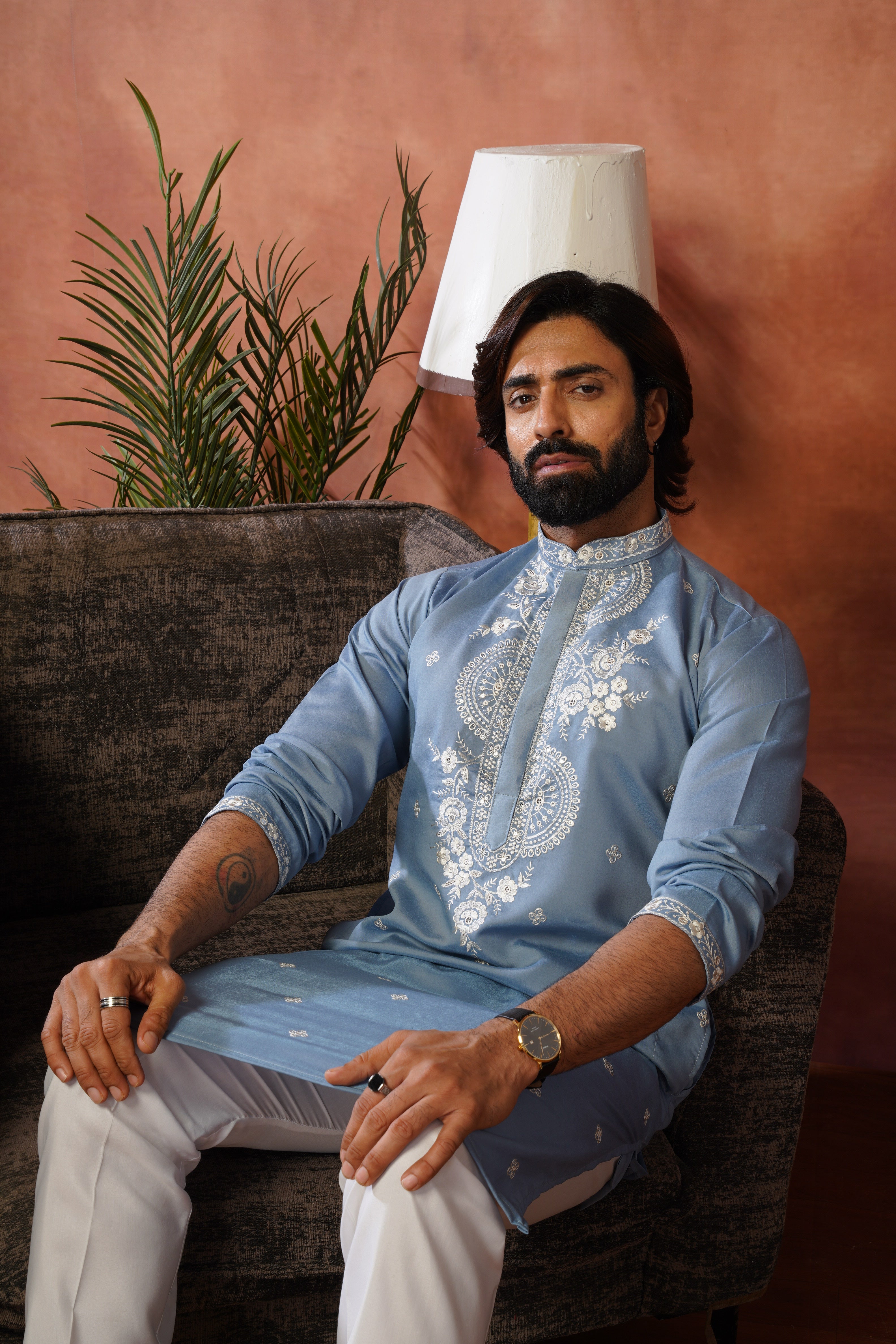 Floral Embroidered Neckwork Pastel Blue Kurta Set for Men