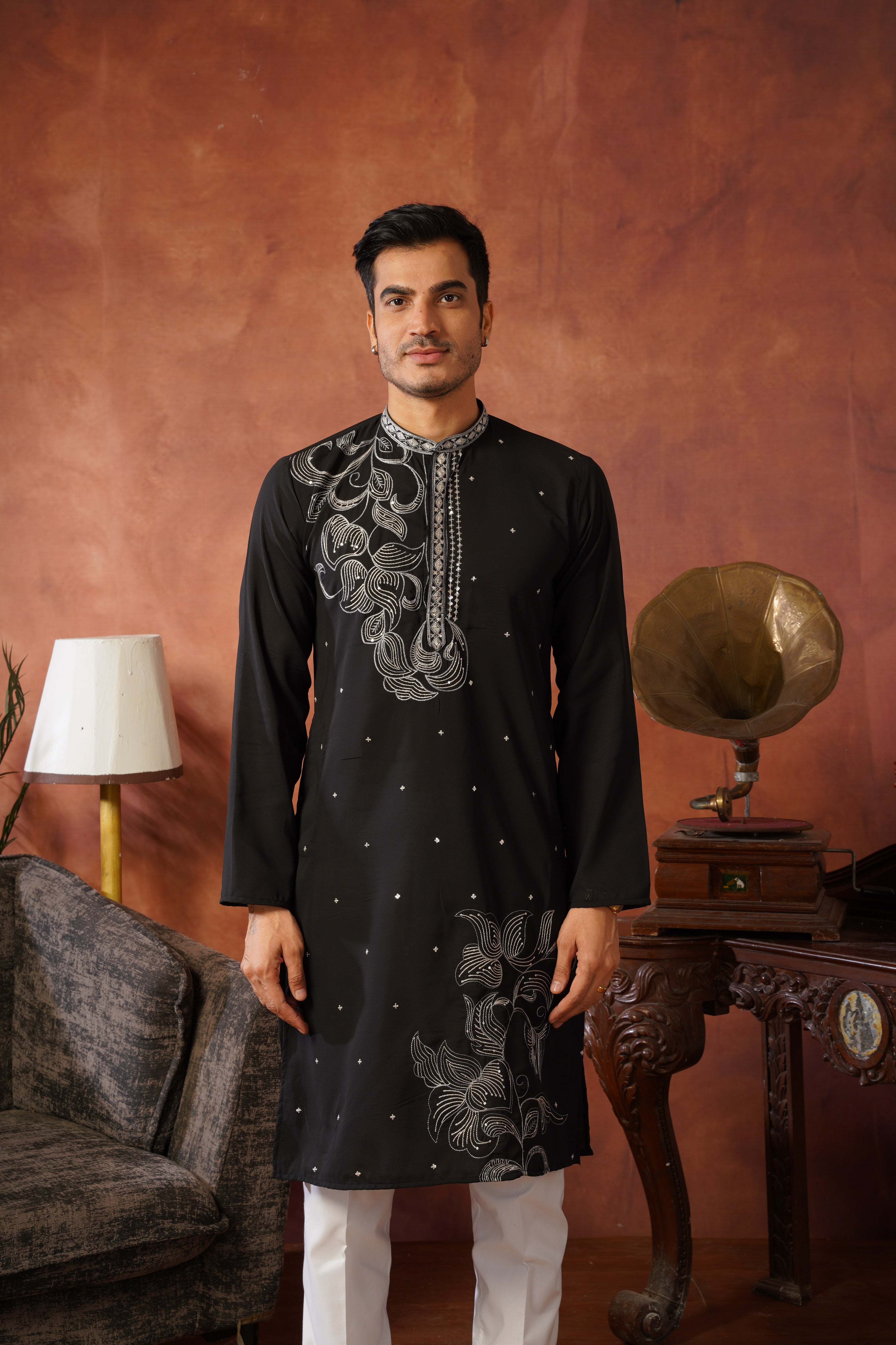 Luxury Neckwork Embroidered Black Kurta Set for Mens