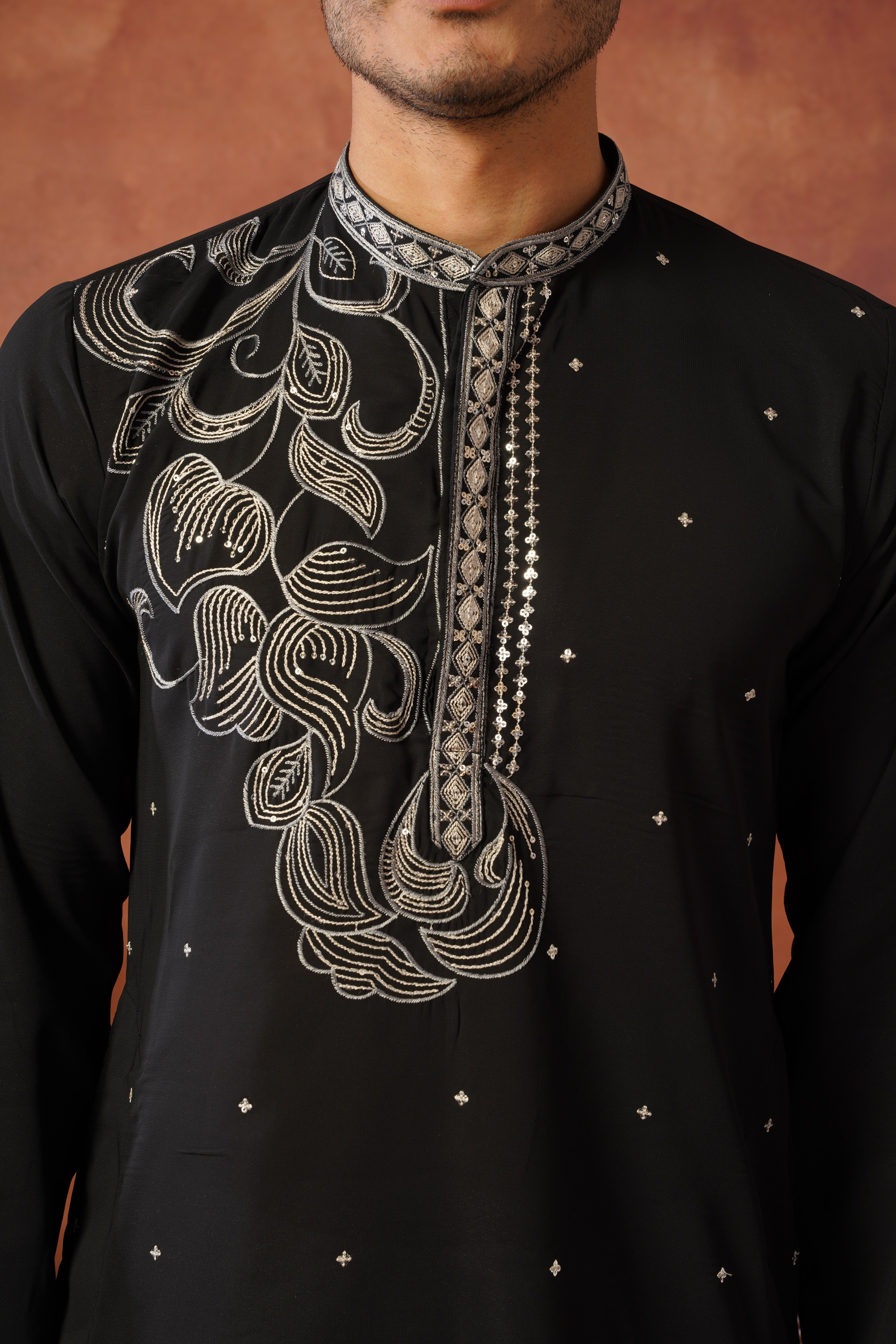 Luxury Neckwork Embroidered Black Kurta Set for Mens