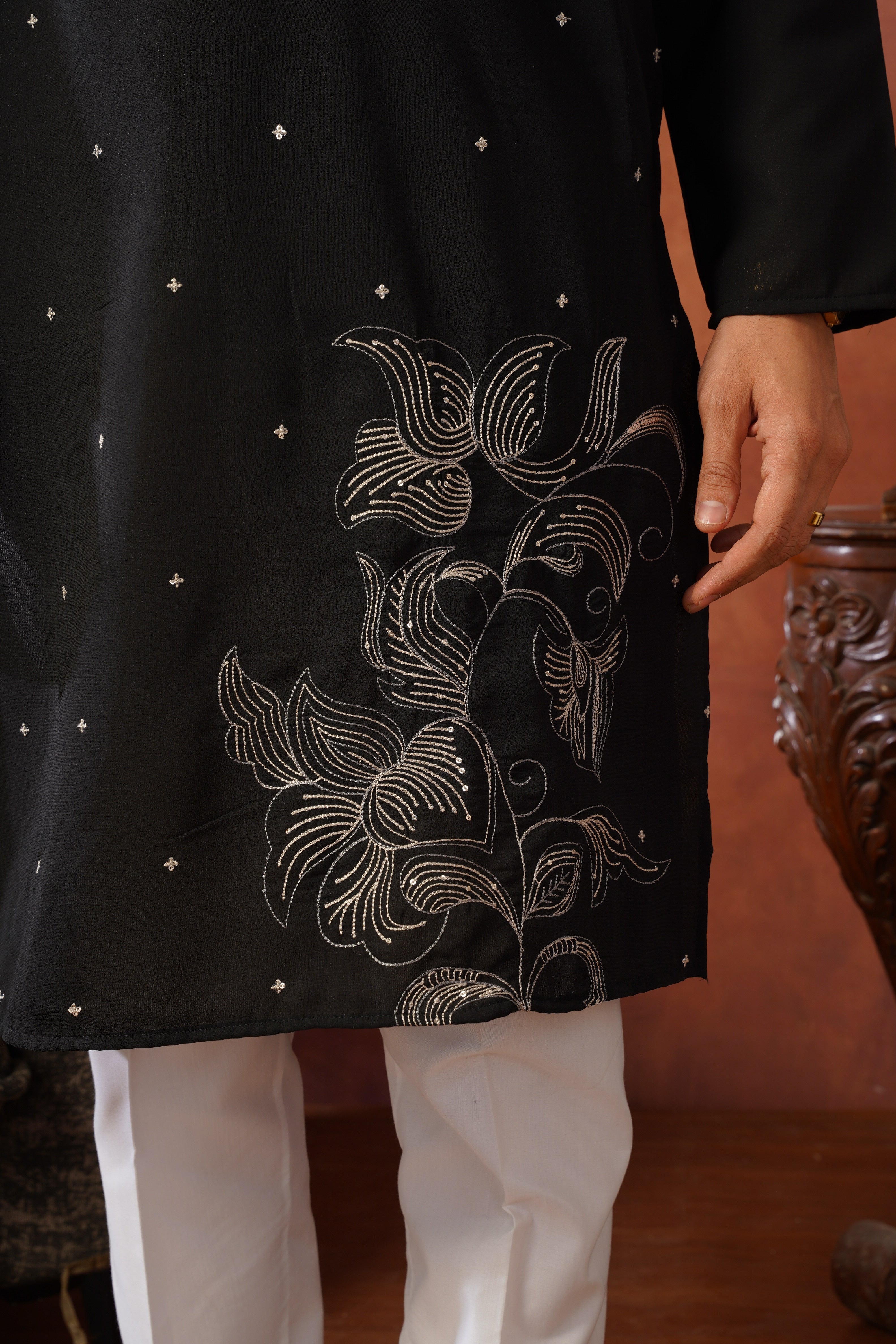 Luxury Neckwork Embroidered Black Kurta Set for Mens