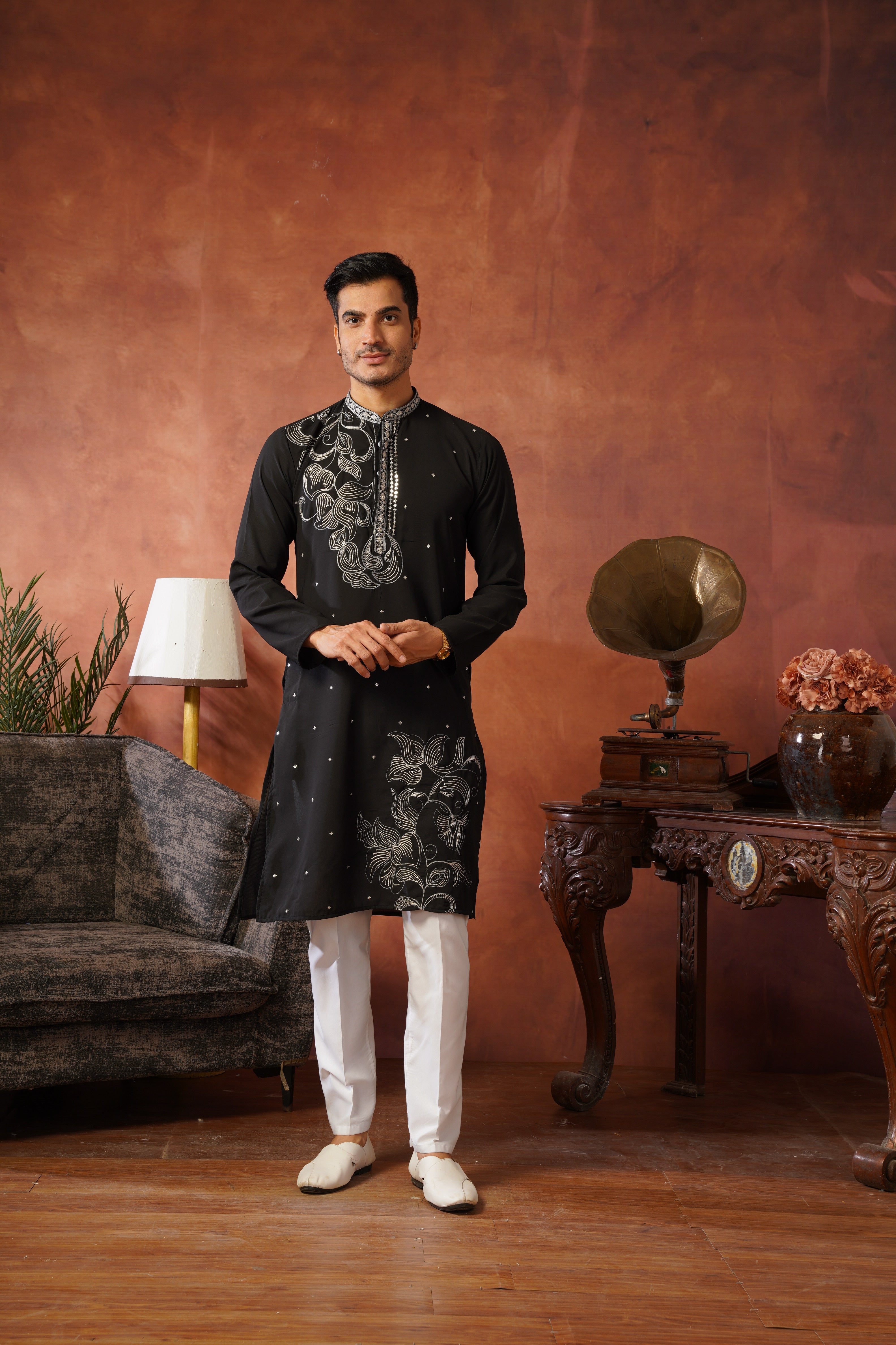 Luxury Neckwork Embroidered Black Kurta Set for Mens