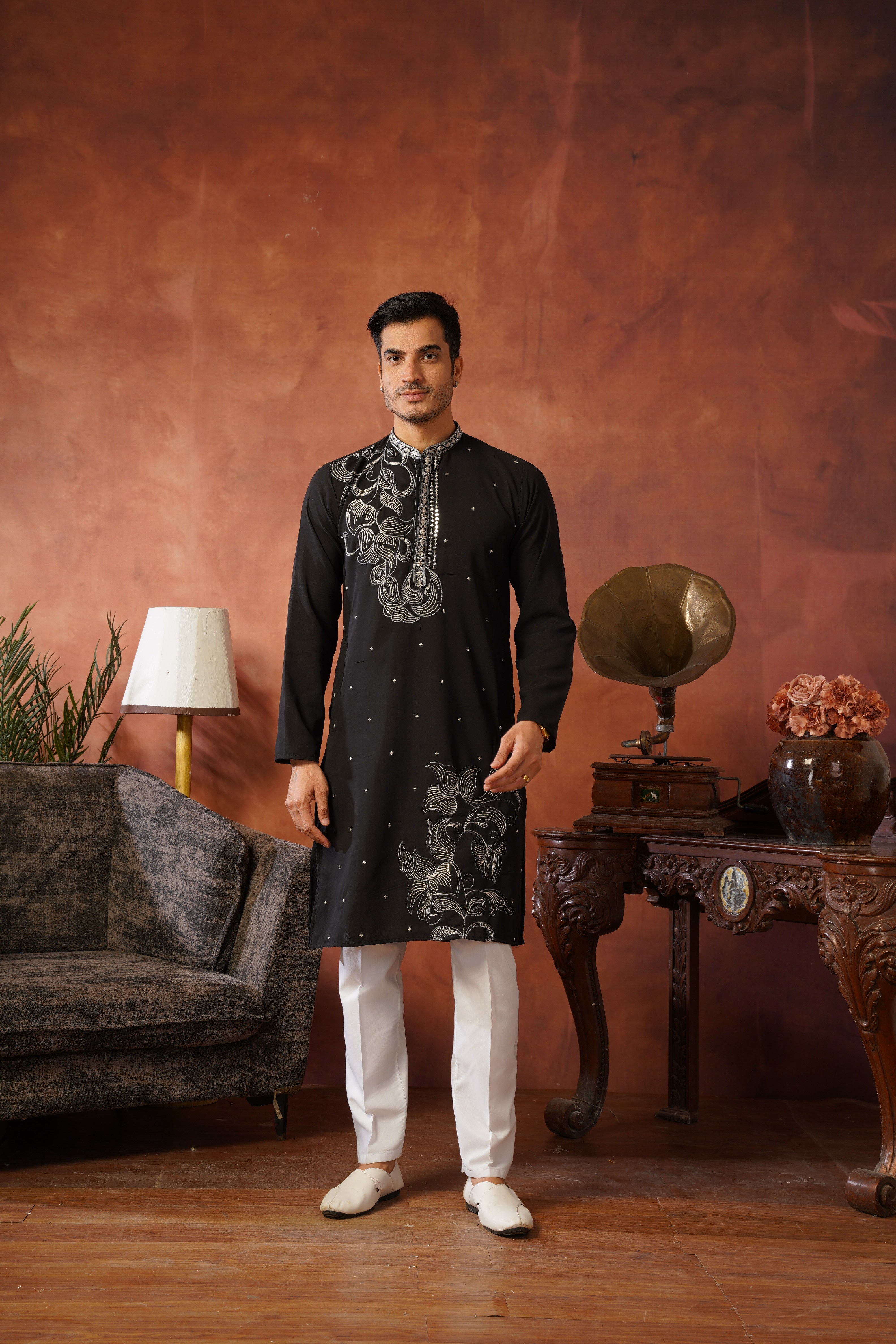 Luxury Neckwork Embroidered Black Kurta Set for Mens
