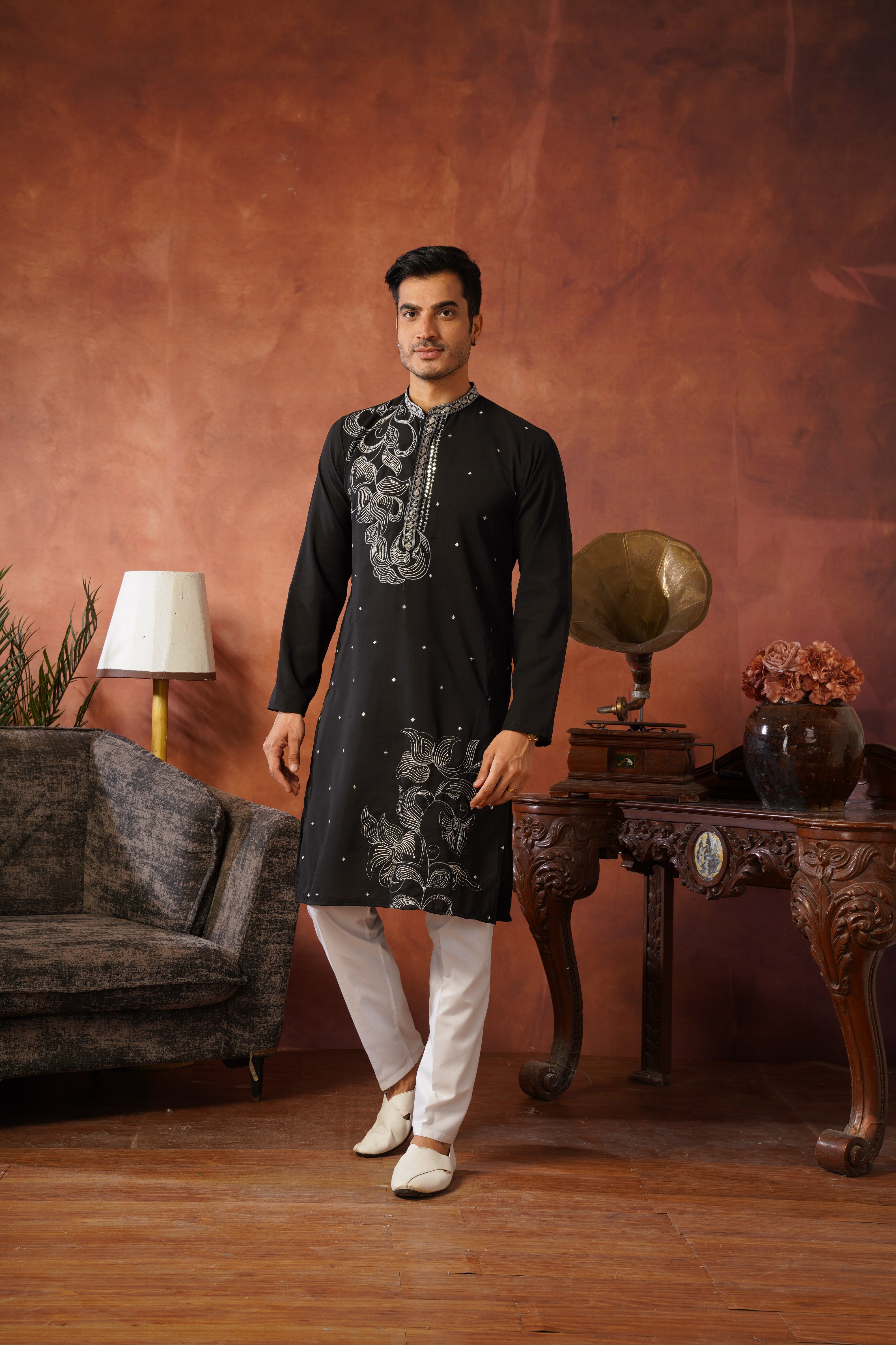 Luxury Neckwork Embroidered Black Kurta Set for Mens