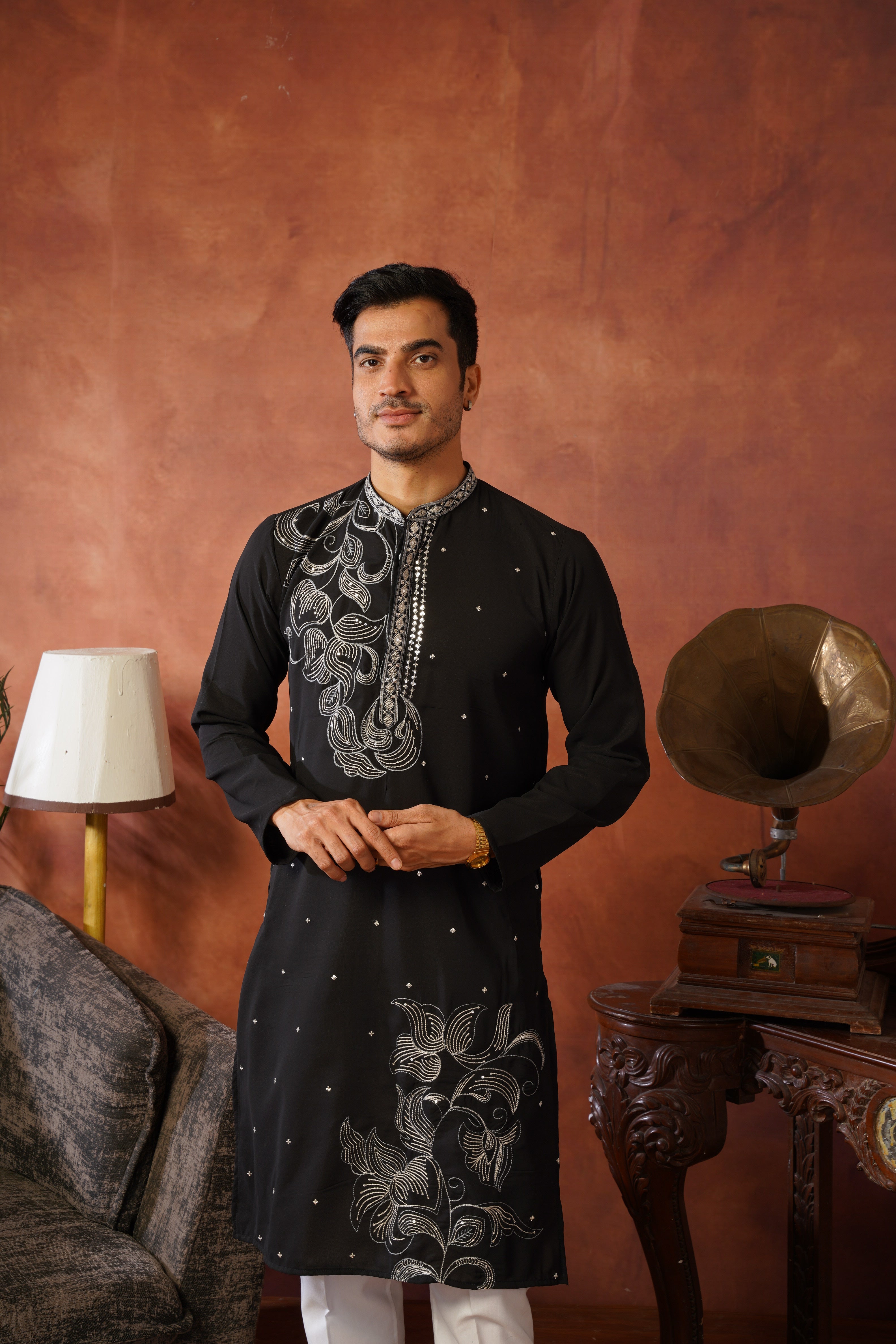 Luxury Neckwork Embroidered Black Kurta Set for Mens