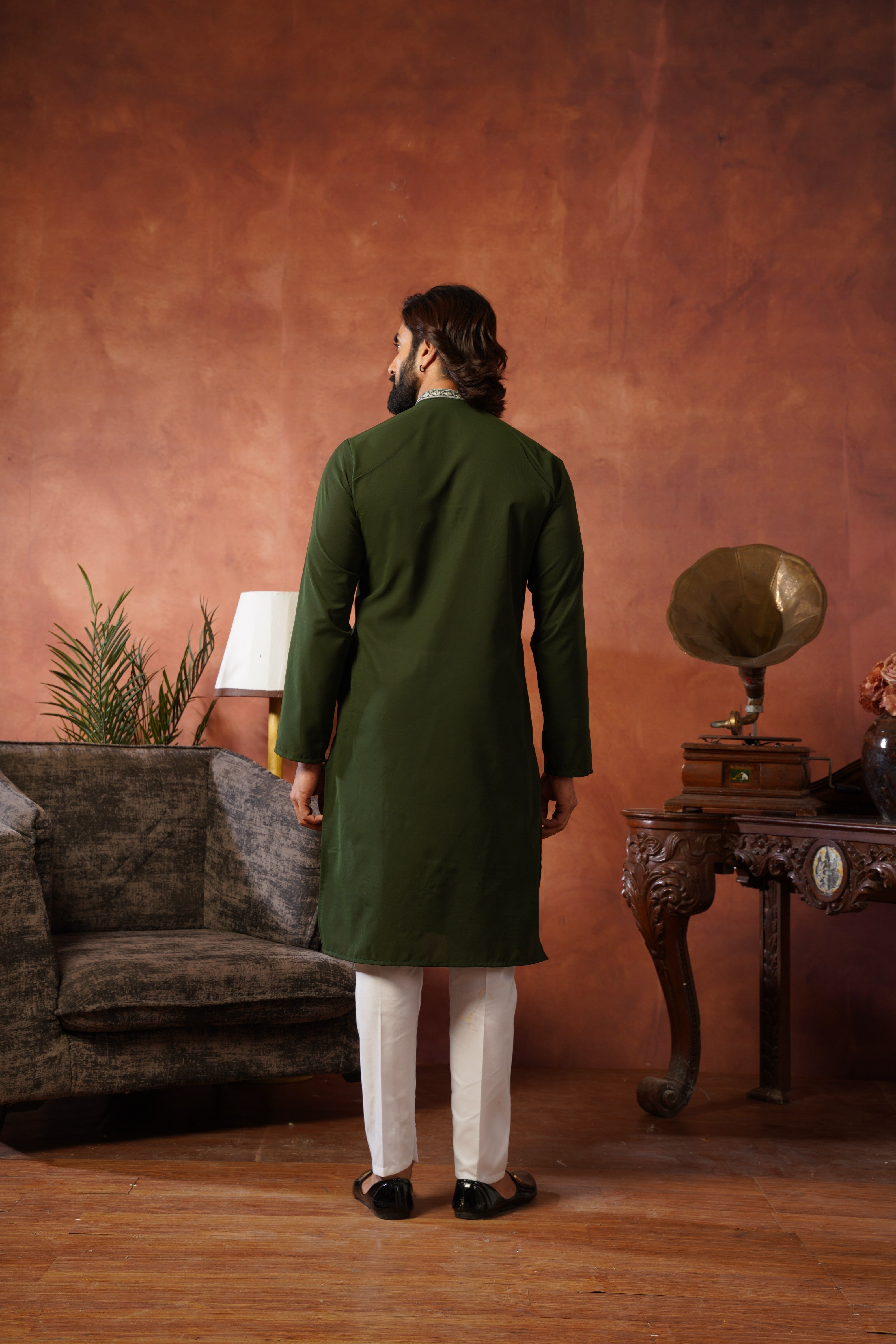 Luxury Neckwork Embroidered Olive Kurta Set for Mens