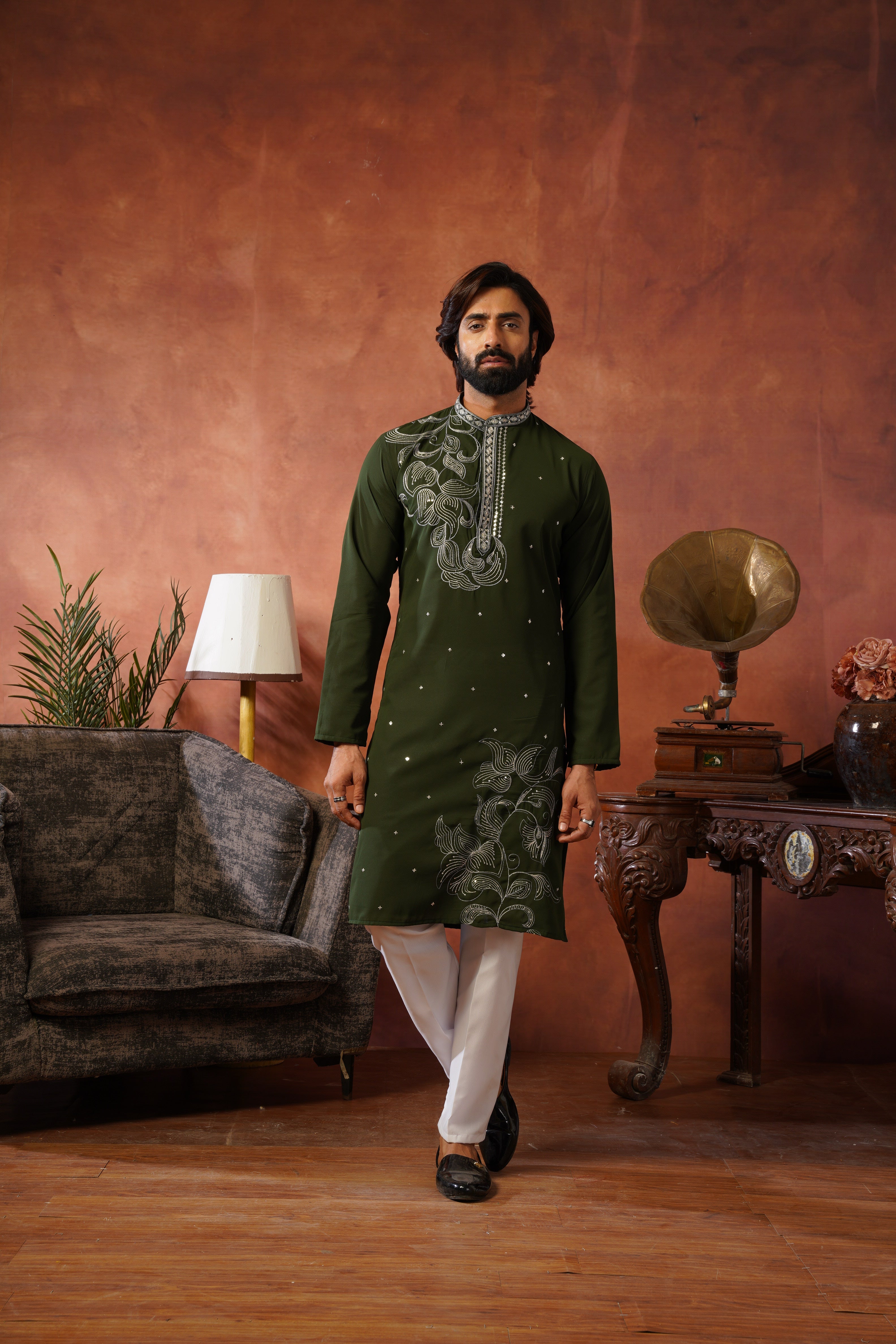 Luxury Neckwork Embroidered Olive Kurta Set for Mens