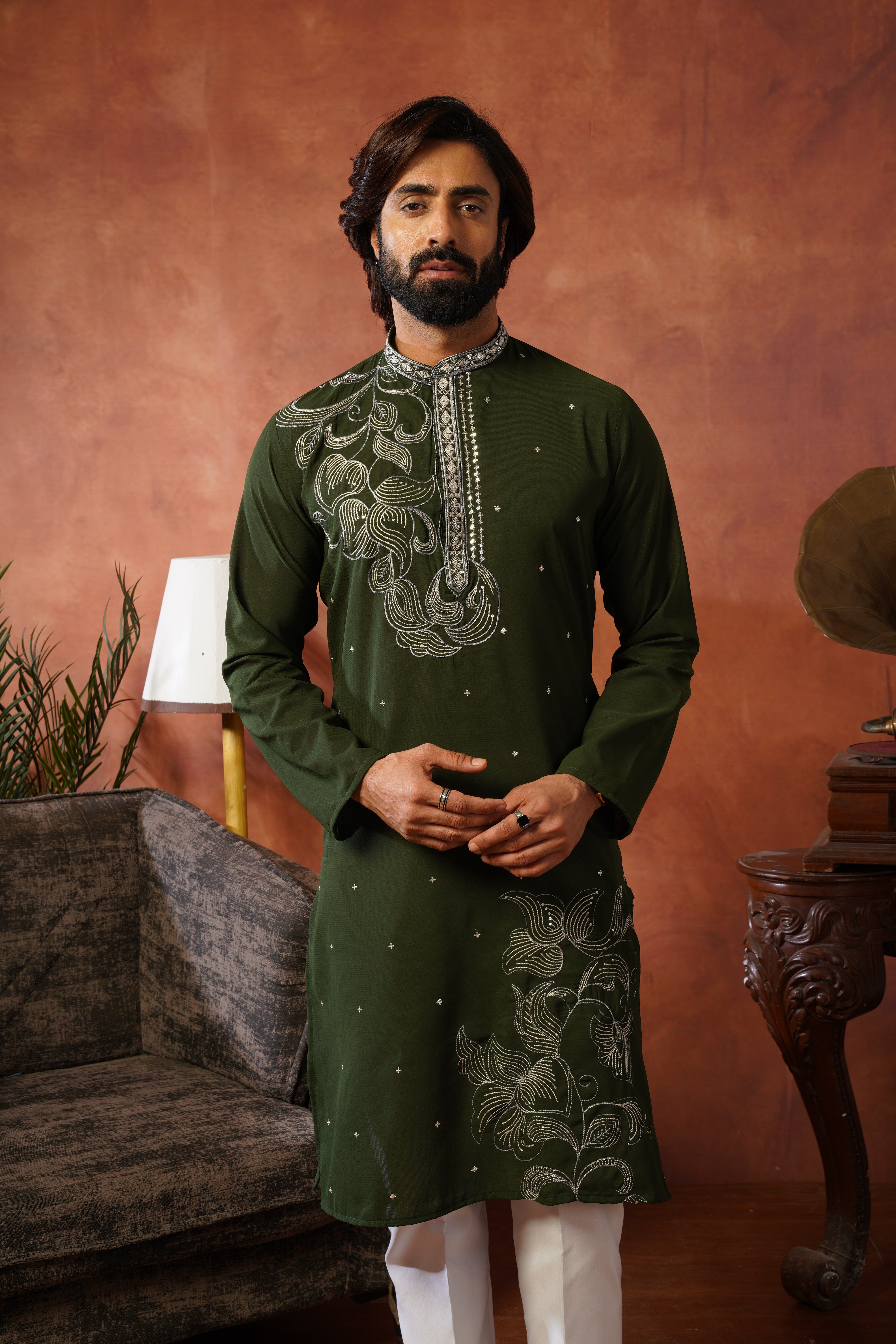 Luxury Neckwork Embroidered Olive Kurta Set for Mens
