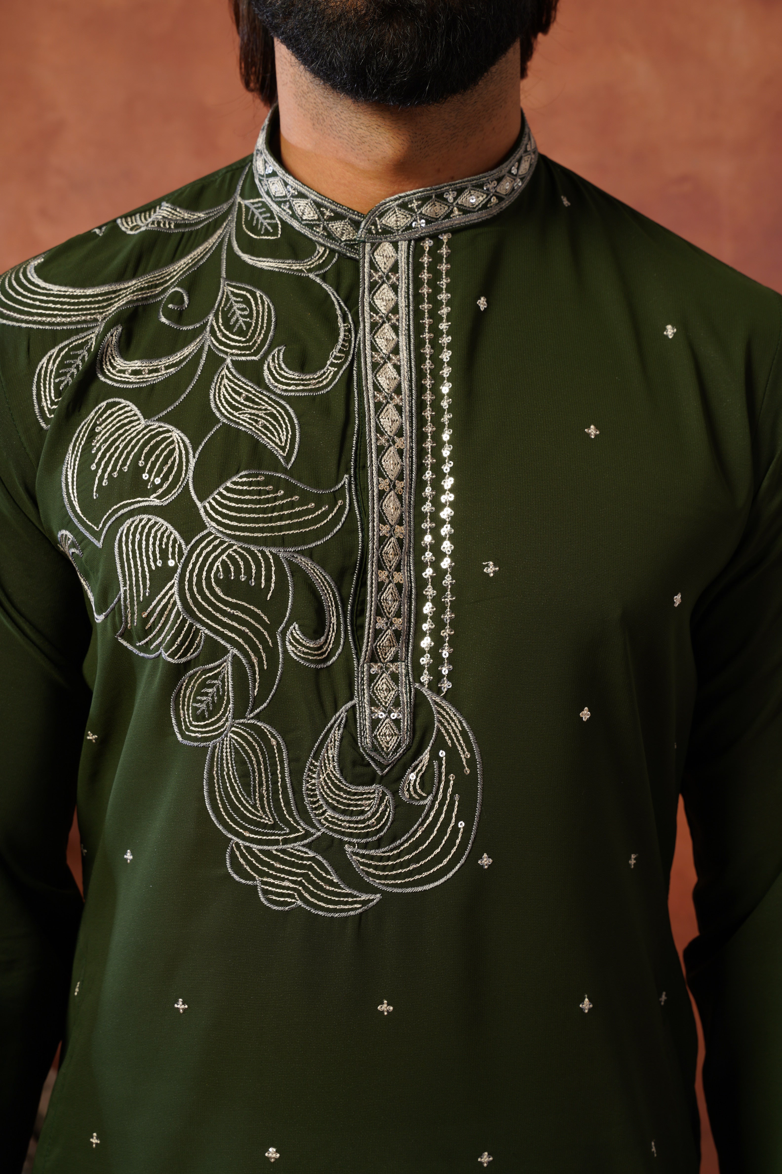 Luxury Neckwork Embroidered Olive Kurta Set for Mens