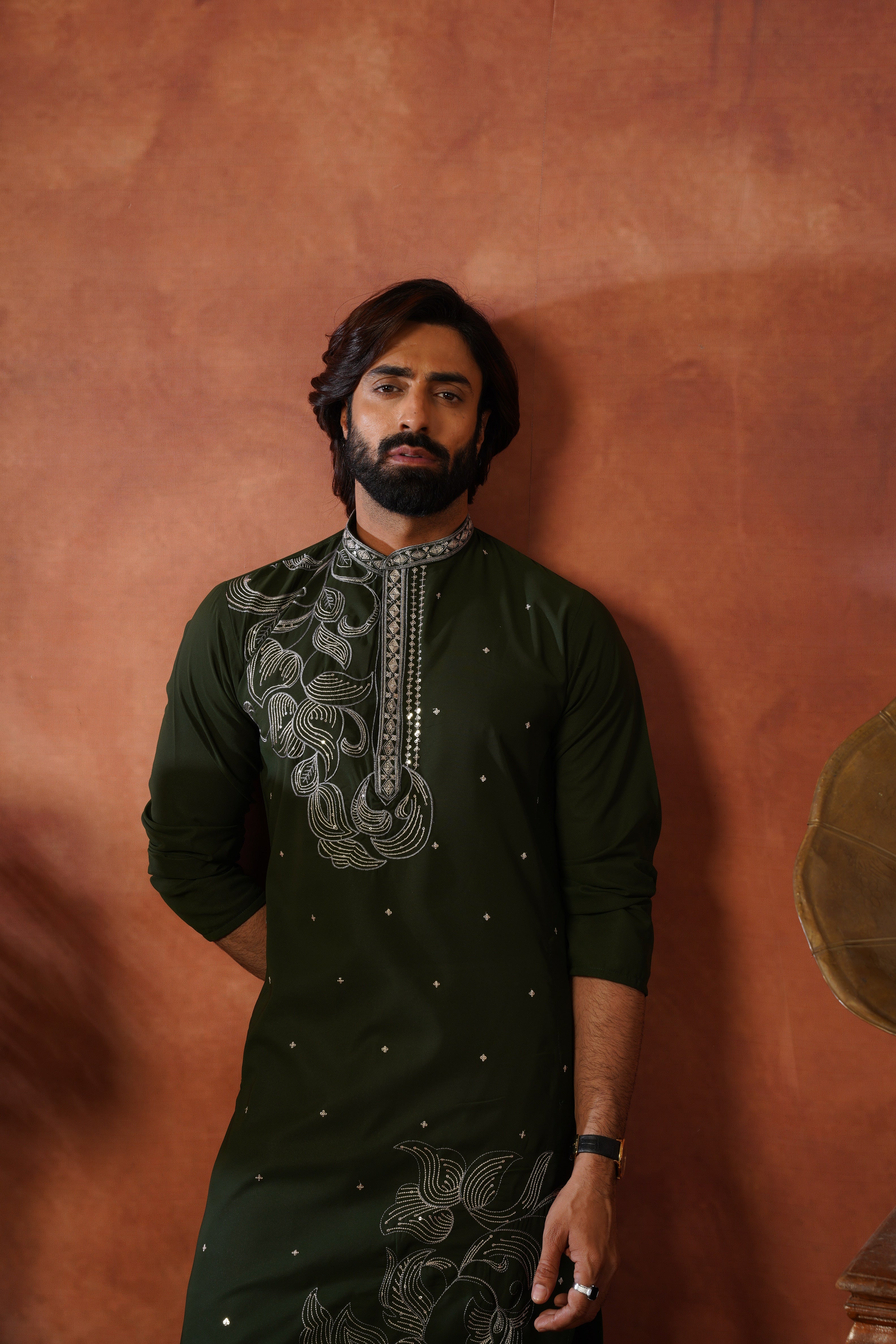 Luxury Neckwork Embroidered Olive Kurta Set for Mens