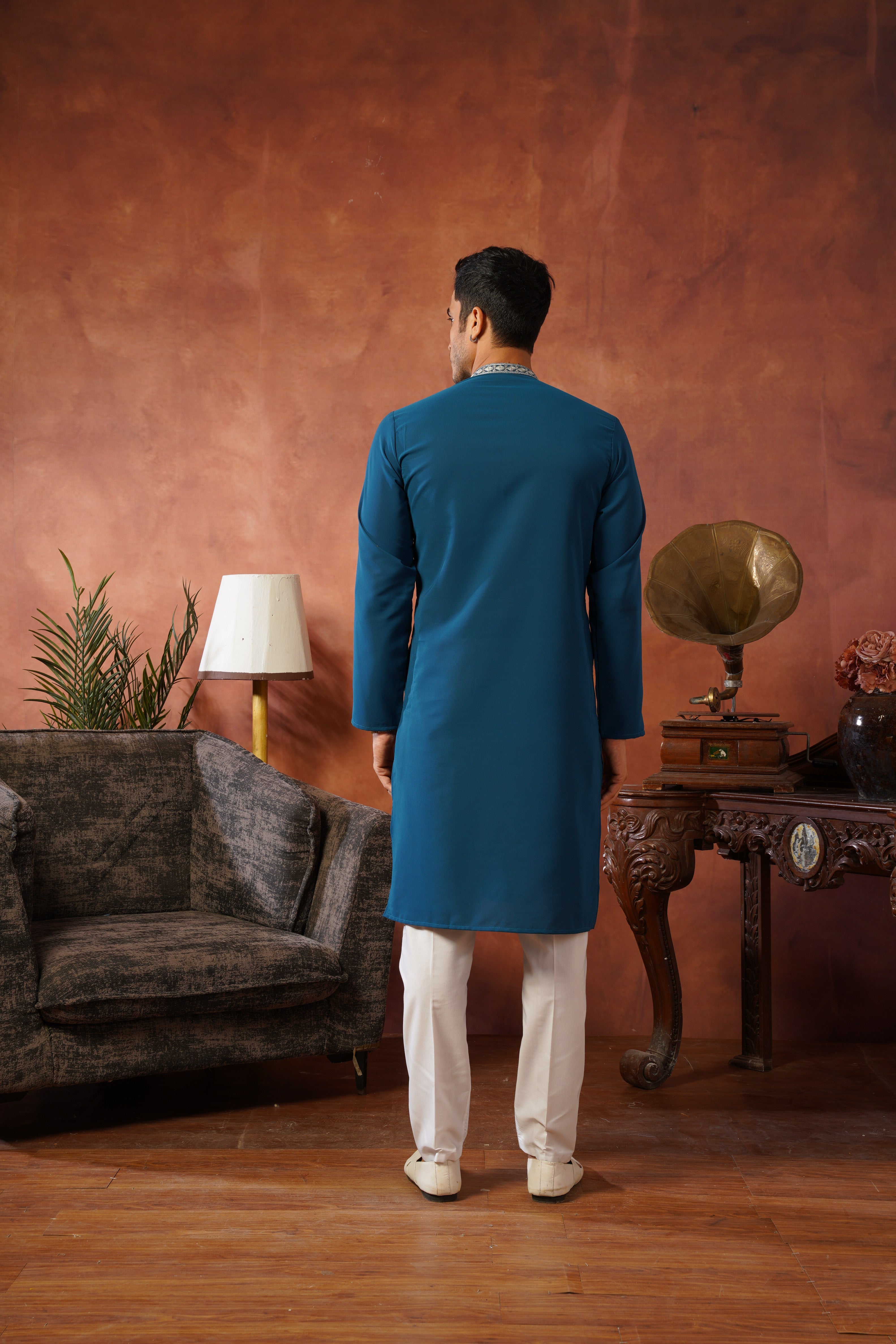 Luxury Neckwork Embroidered Peacock Blue Kurta Set for Mens