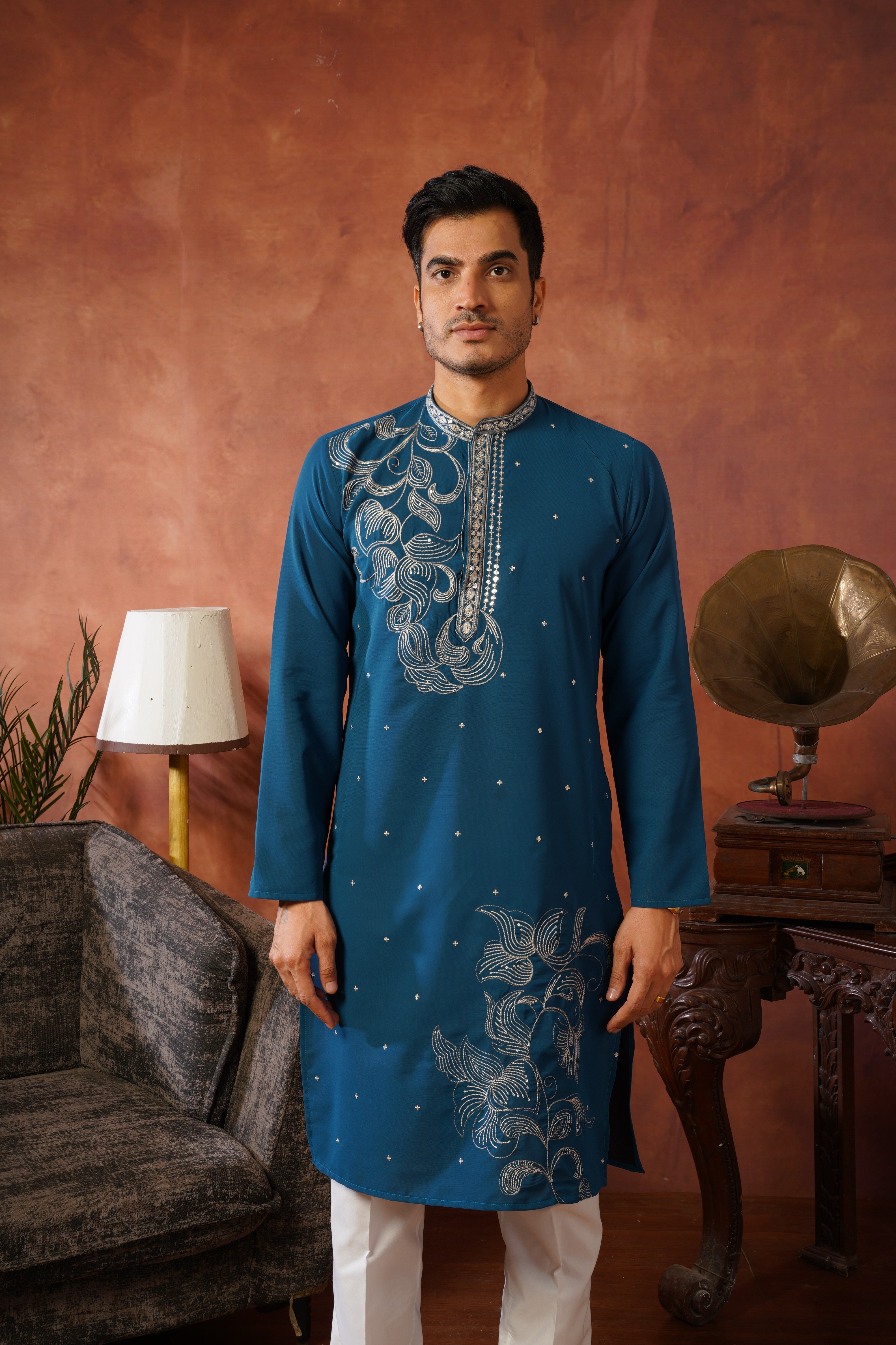 Luxury Neckwork Embroidered Peacock Blue Kurta Set for Mens