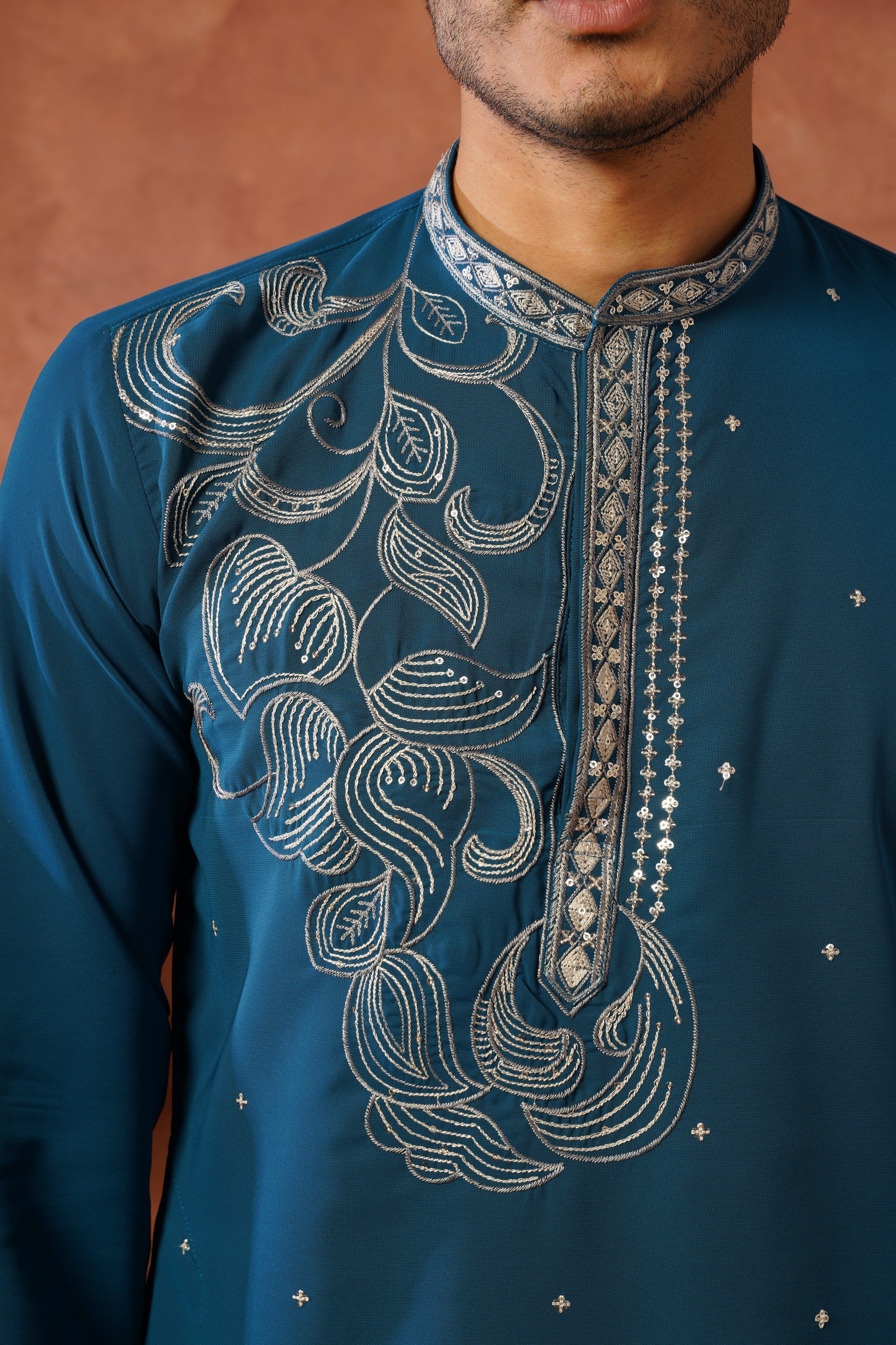 Luxury Neckwork Embroidered Peacock Blue Kurta Set for Mens
