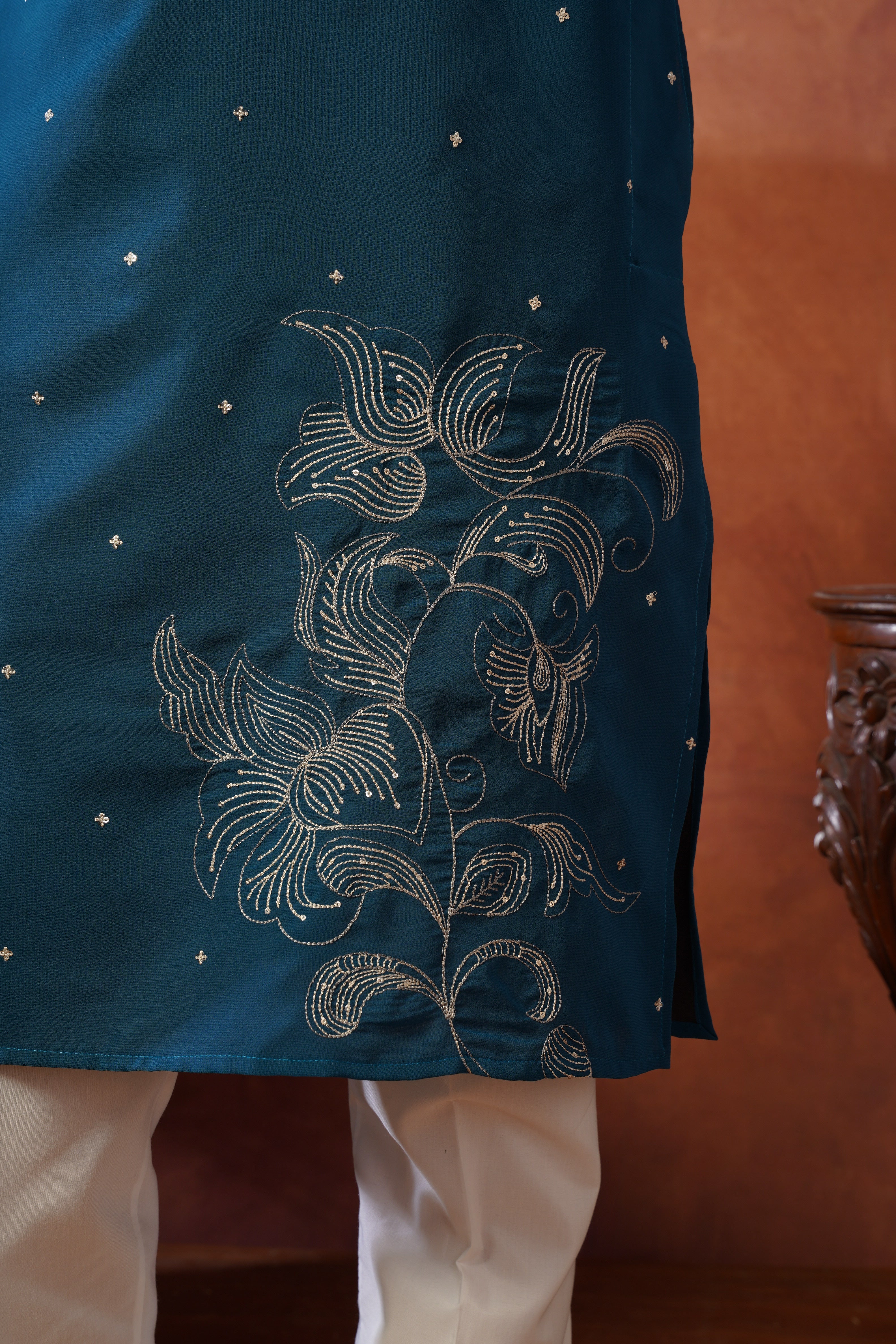Luxury Neckwork Embroidered Peacock Blue Kurta Set for Mens