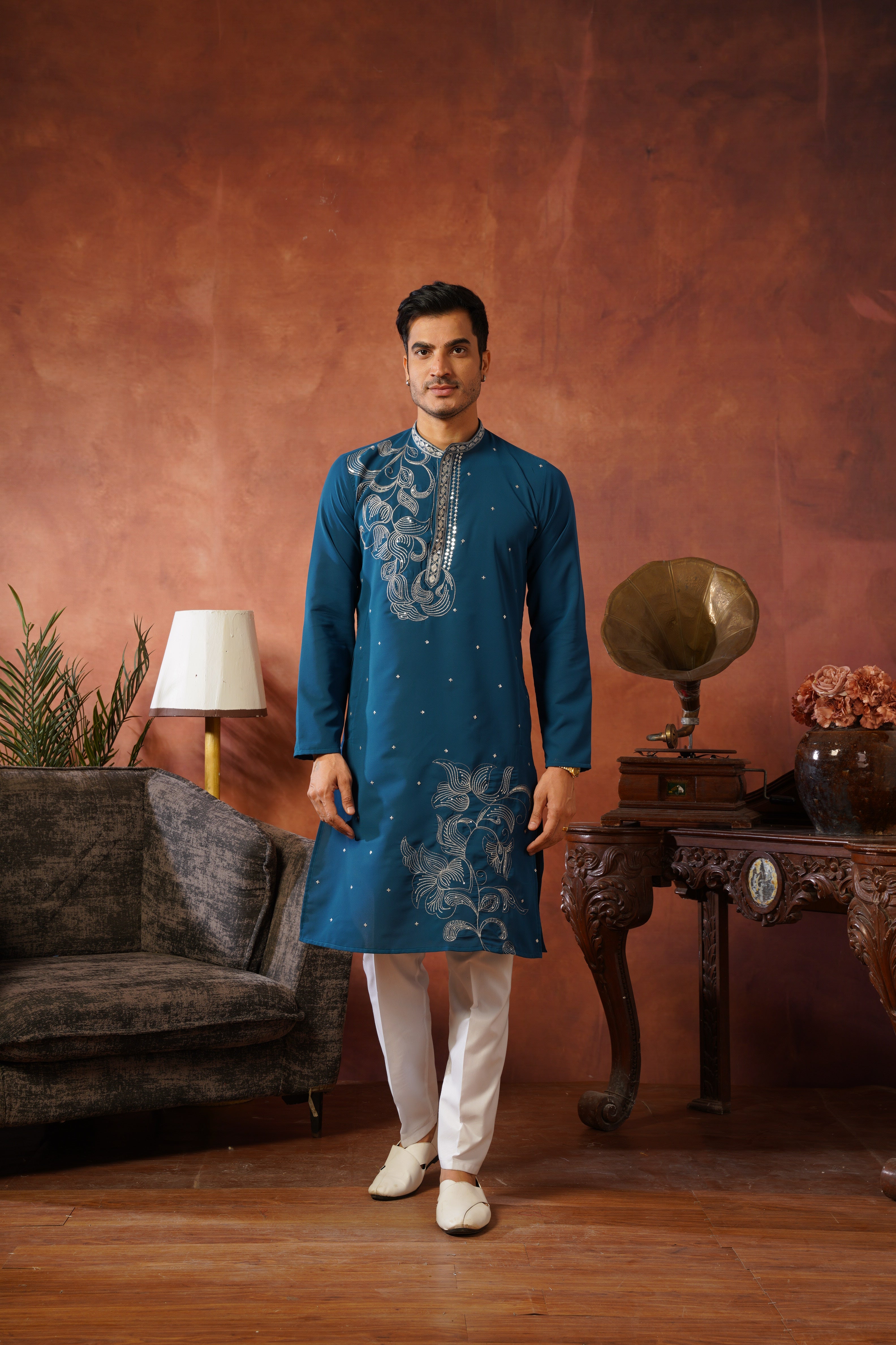 Luxury Neckwork Embroidered Peacock Blue Kurta Set for Mens