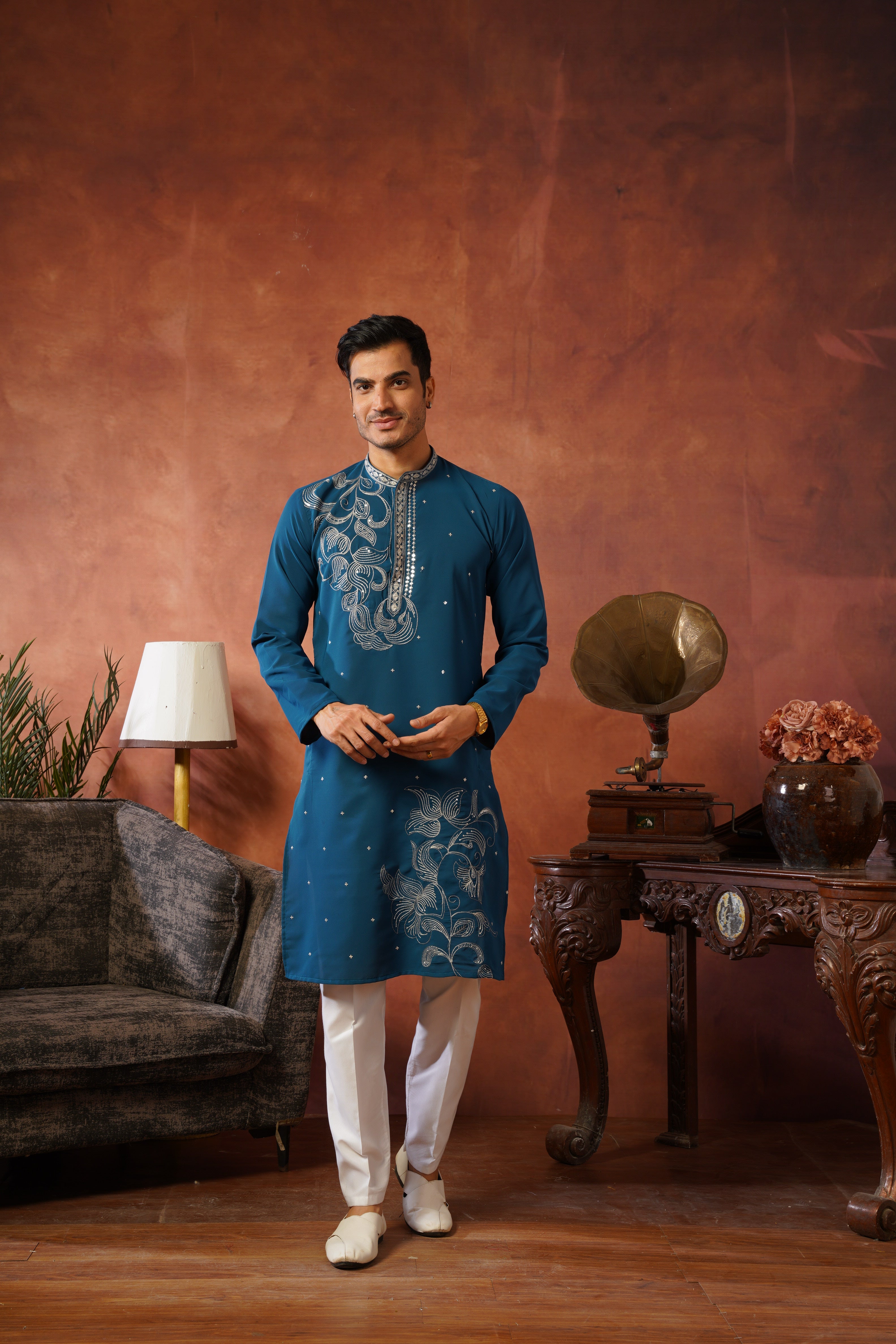Luxury Neckwork Embroidered Peacock Blue Kurta Set for Mens