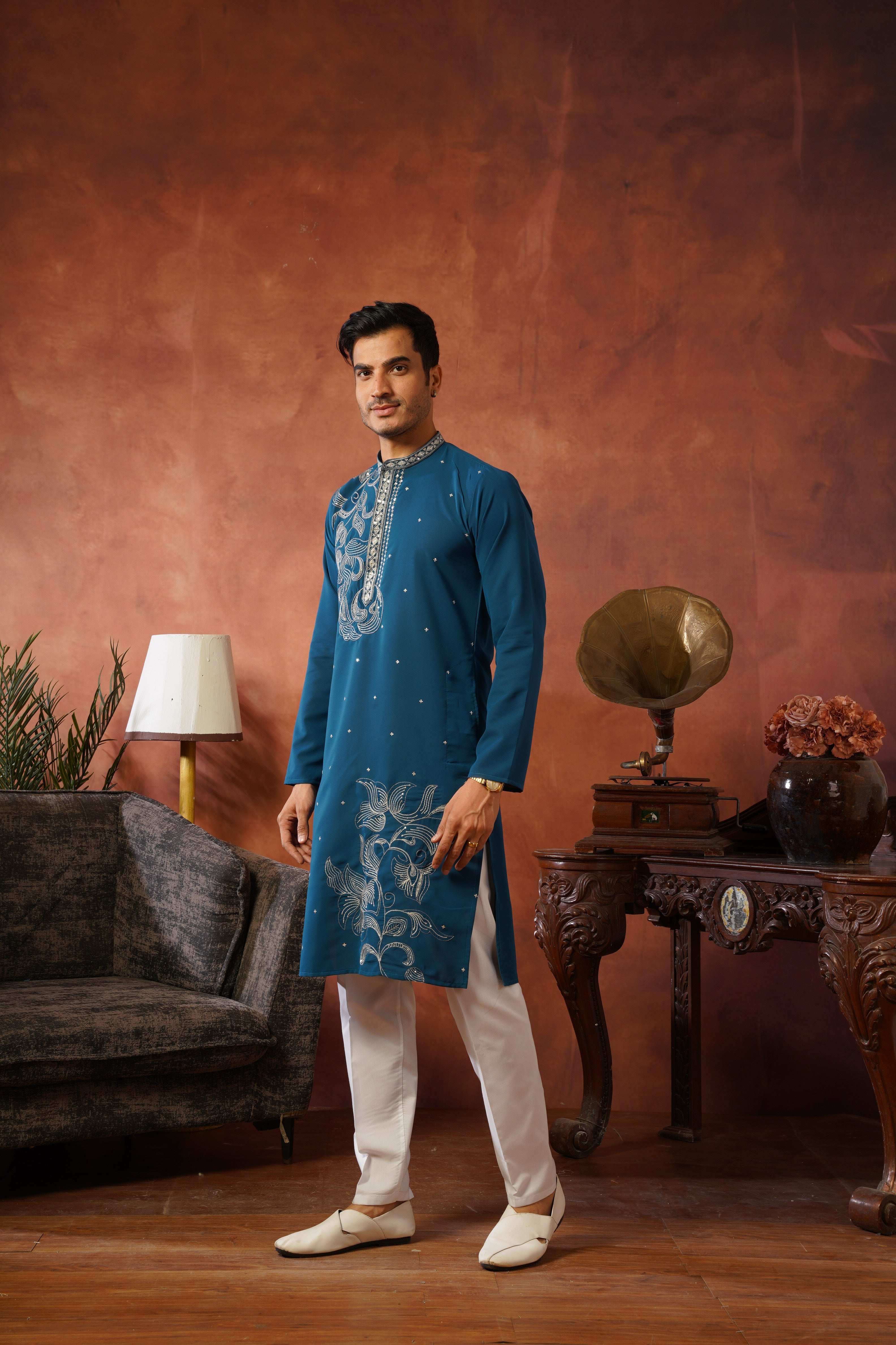 Luxury Neckwork Embroidered Peacock Blue Kurta Set for Mens