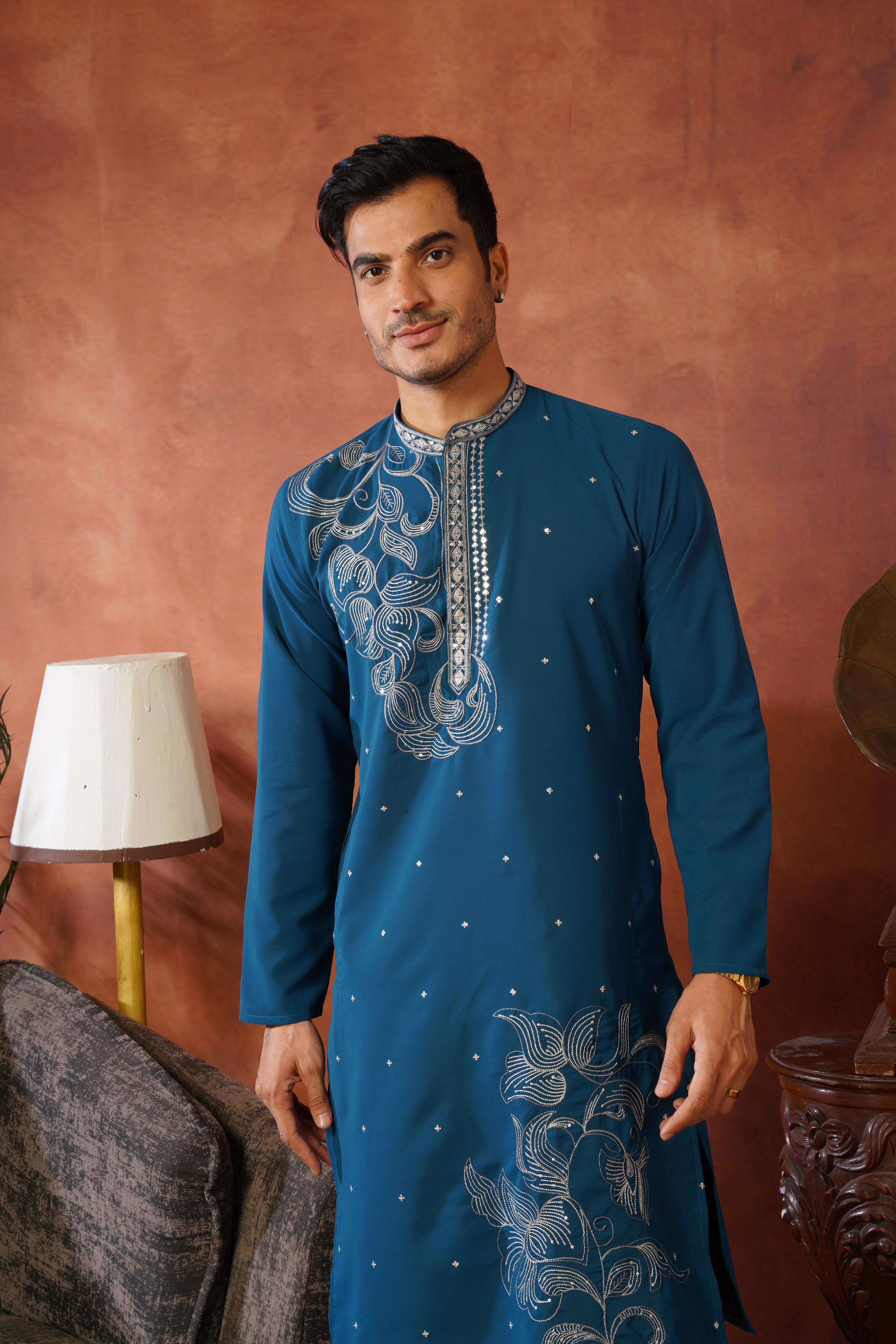 Luxury Neckwork Embroidered Peacock Blue Kurta Set for Mens