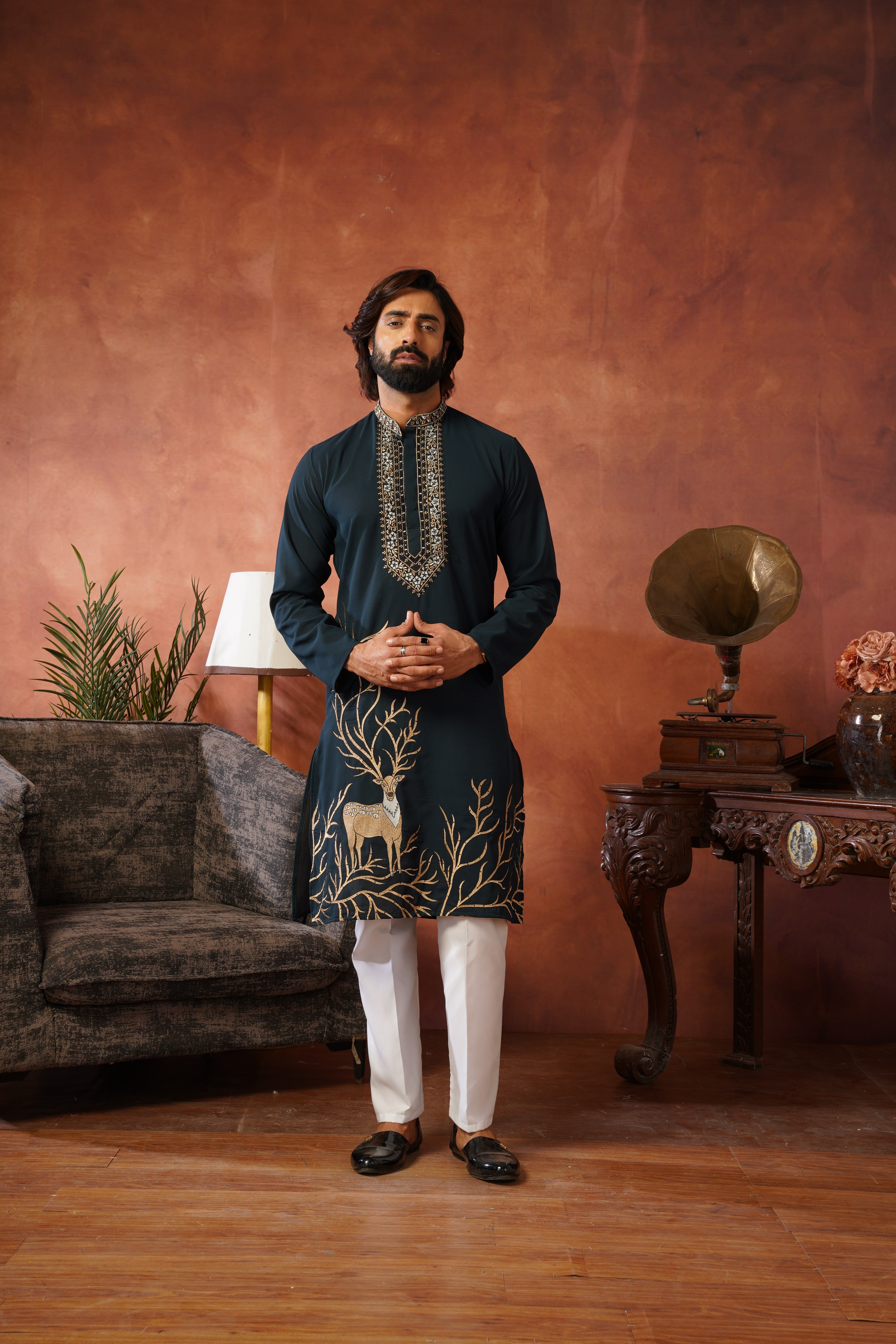 Wildlife Embroidered Peacock Blue Kurta Set