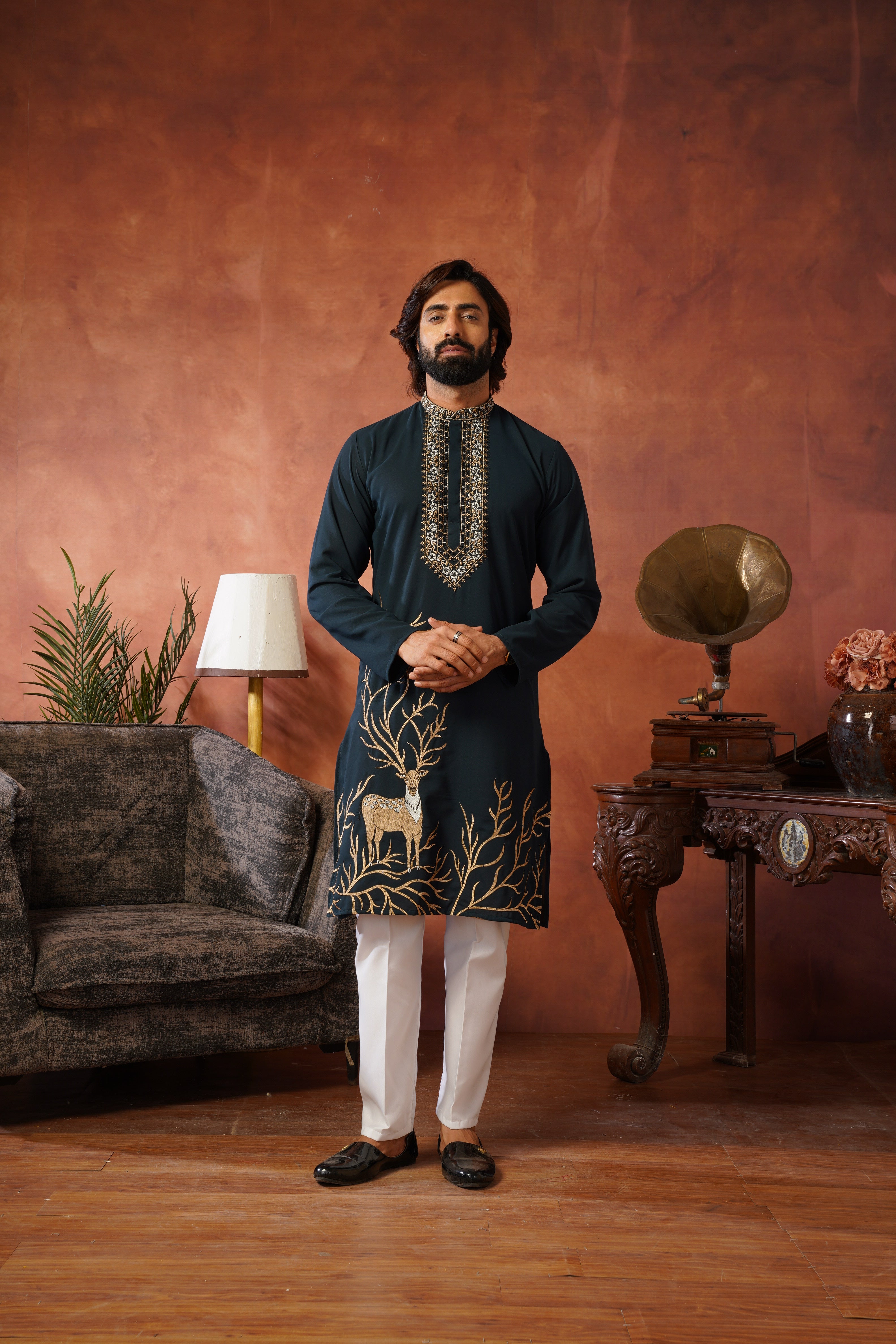 Wildlife Embroidered Peacock Blue Kurta Set