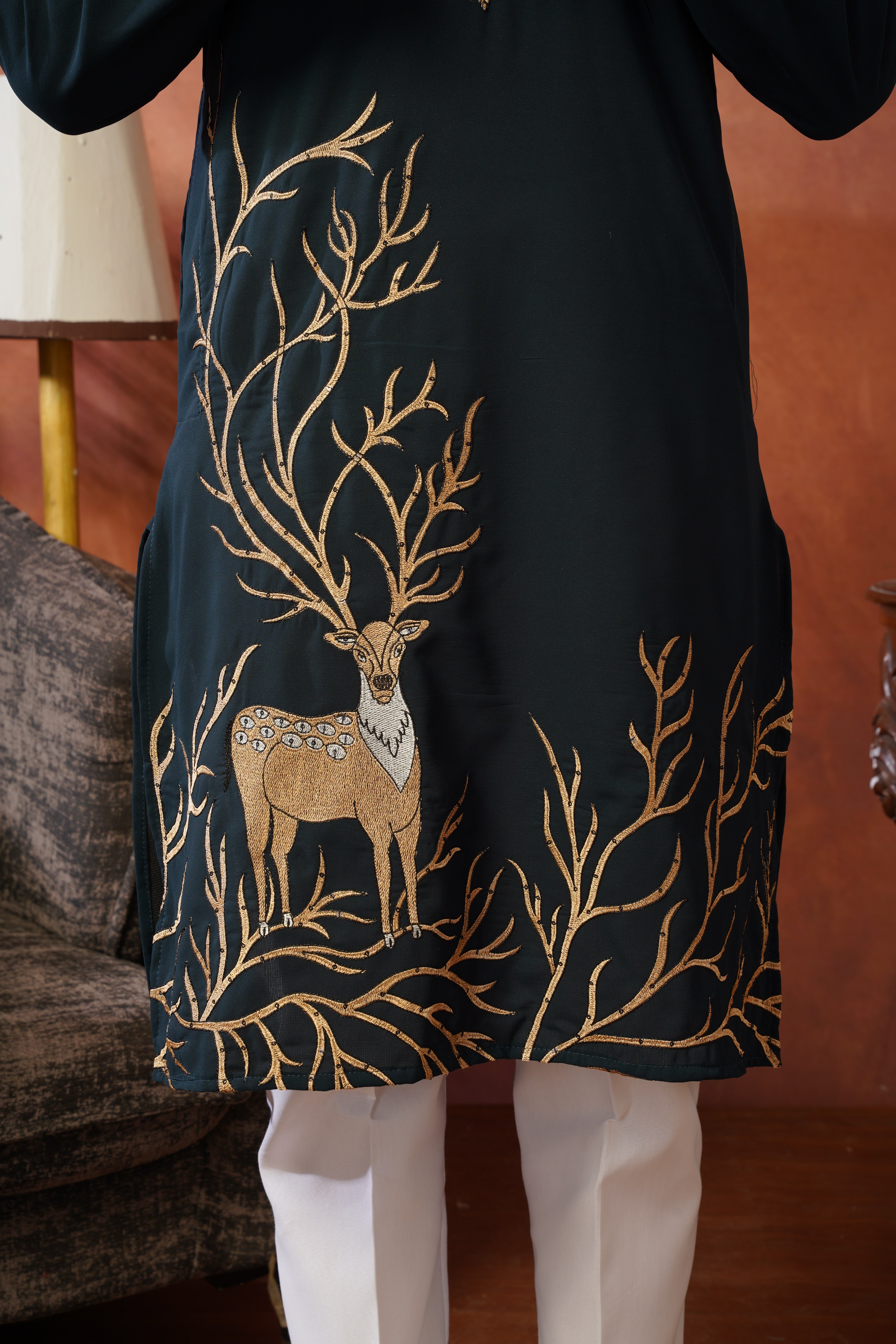 Wildlife Embroidered Peacock Blue Kurta Set