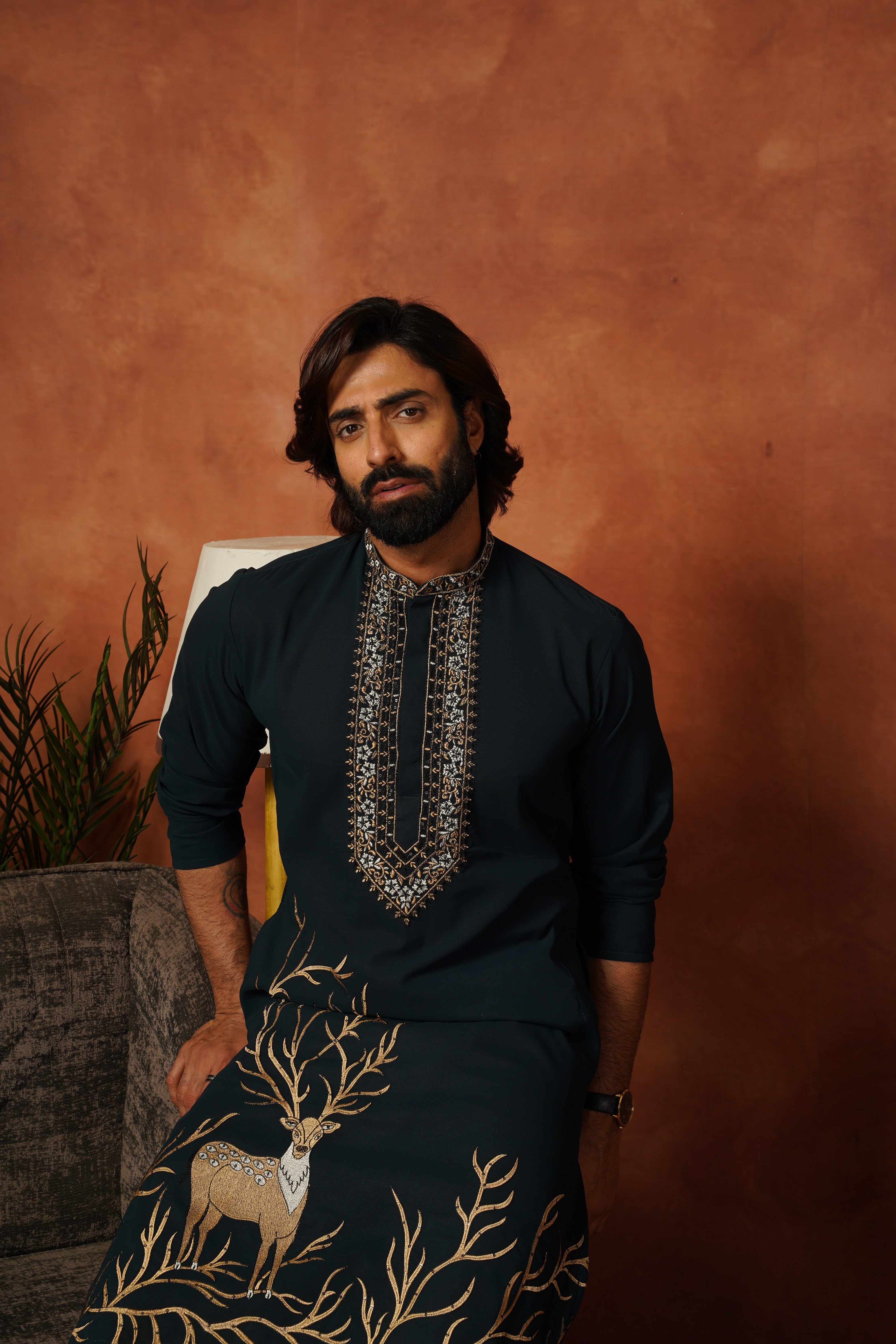 Wildlife Embroidered Peacock Blue Kurta Set