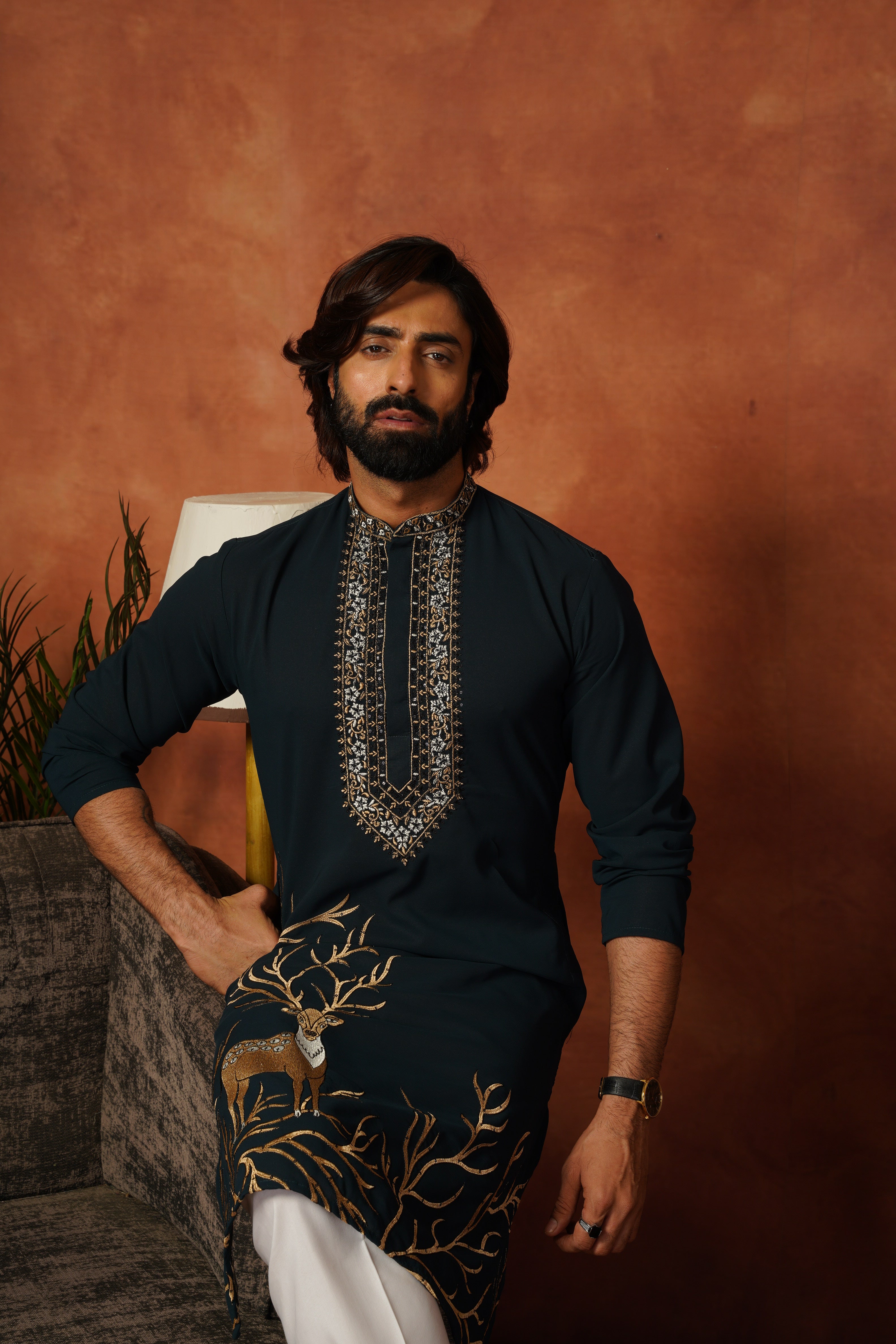Wildlife Embroidered Peacock Blue Kurta Set