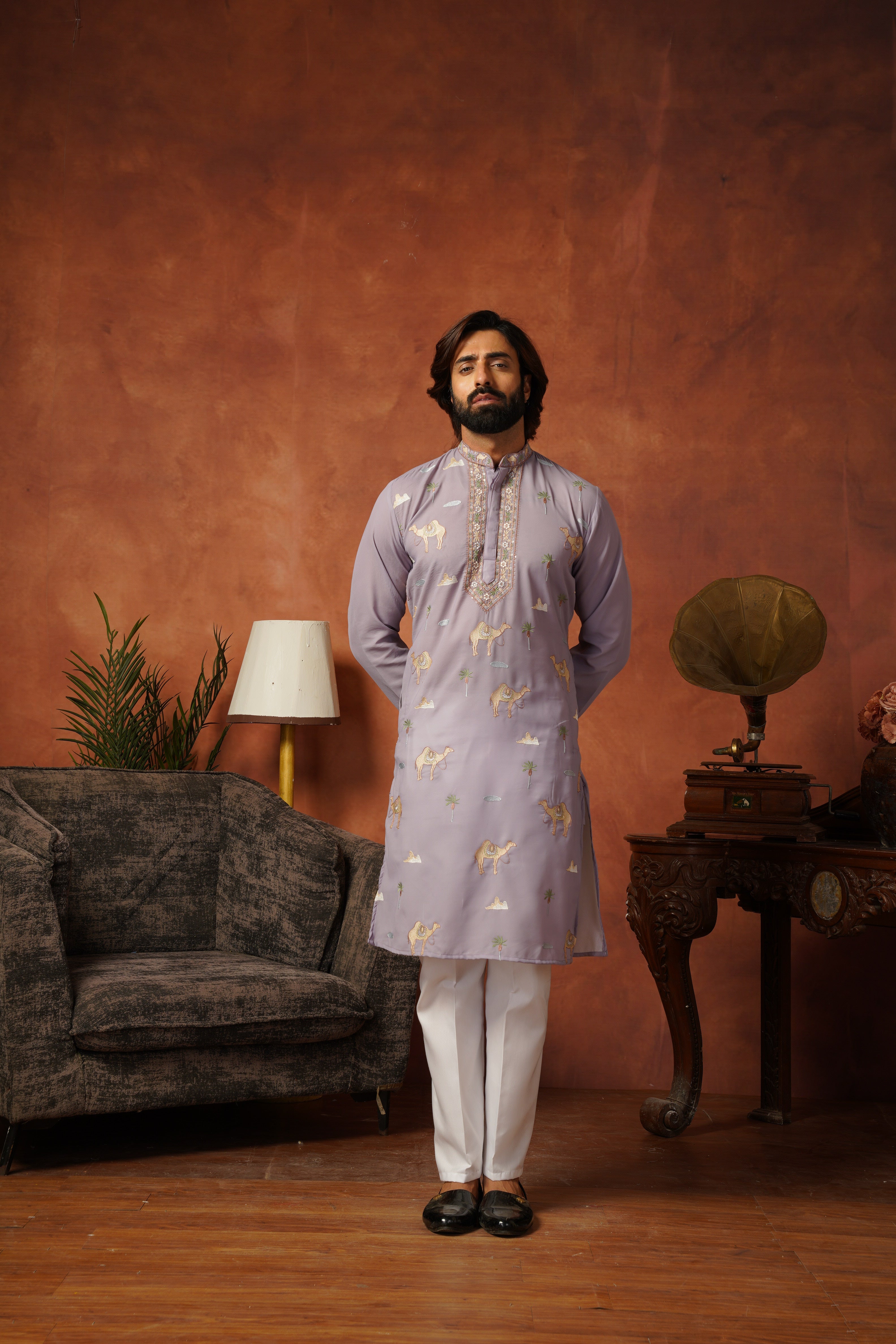 Designer Desert Theme Embroidered Lavender Kurta Set