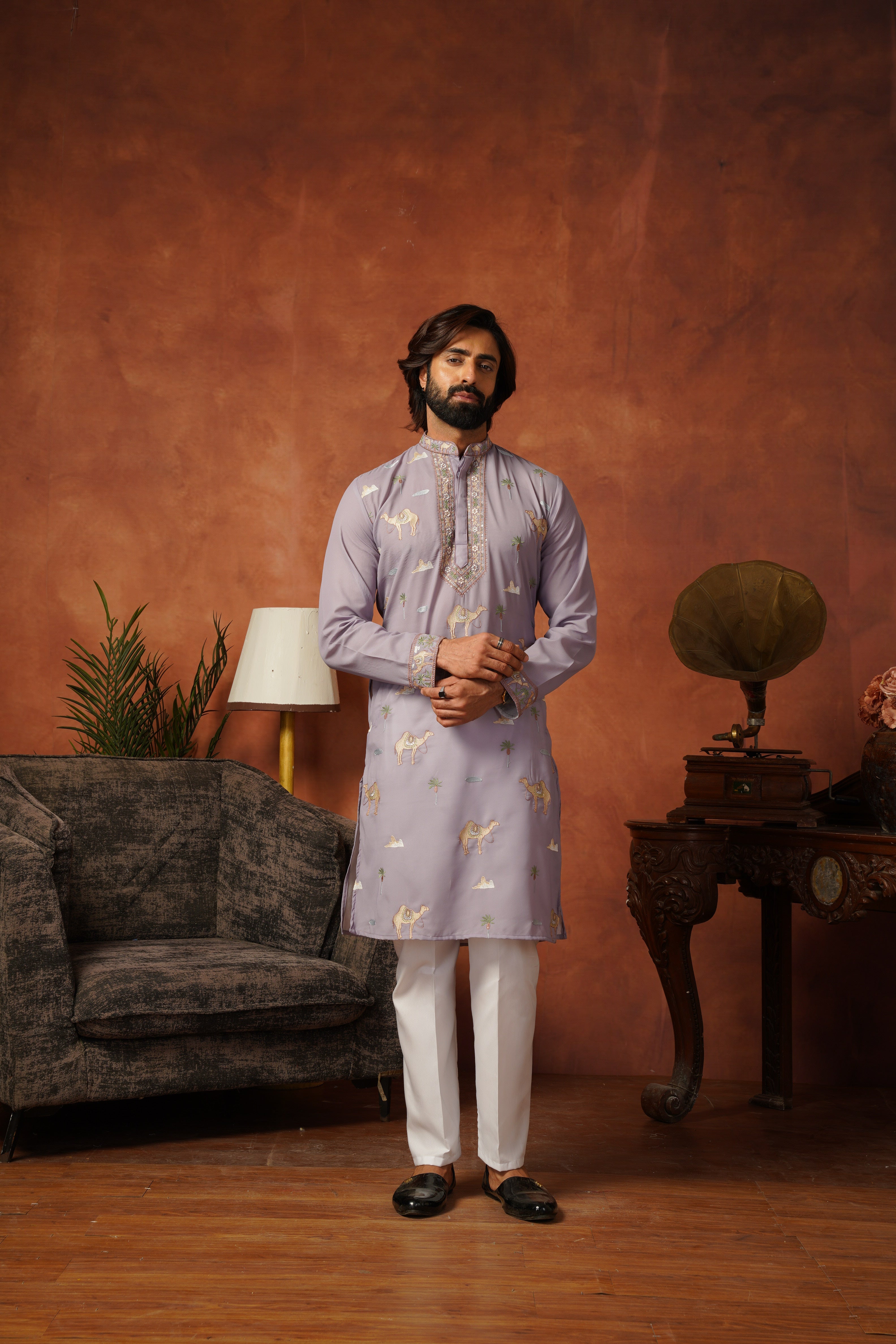 Designer Desert Theme Embroidered Lavender Kurta Set