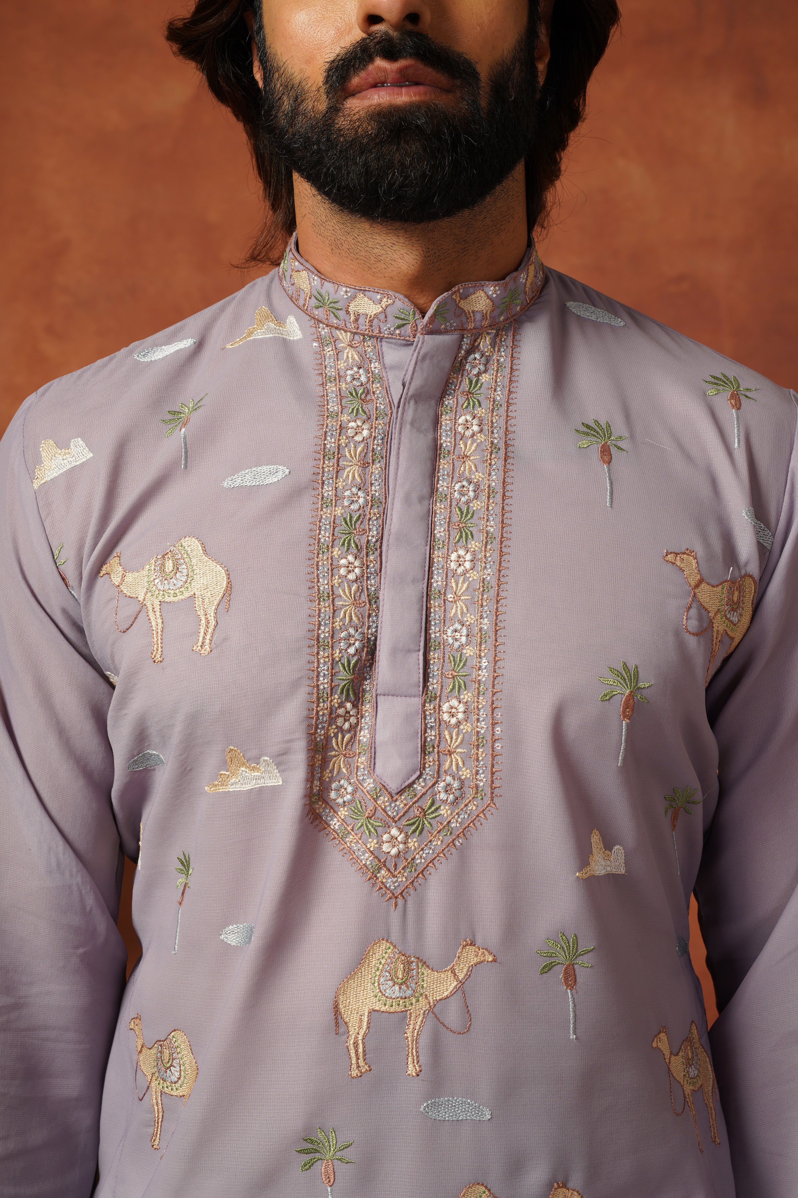 Designer Desert Theme Embroidered Lavender Kurta Set