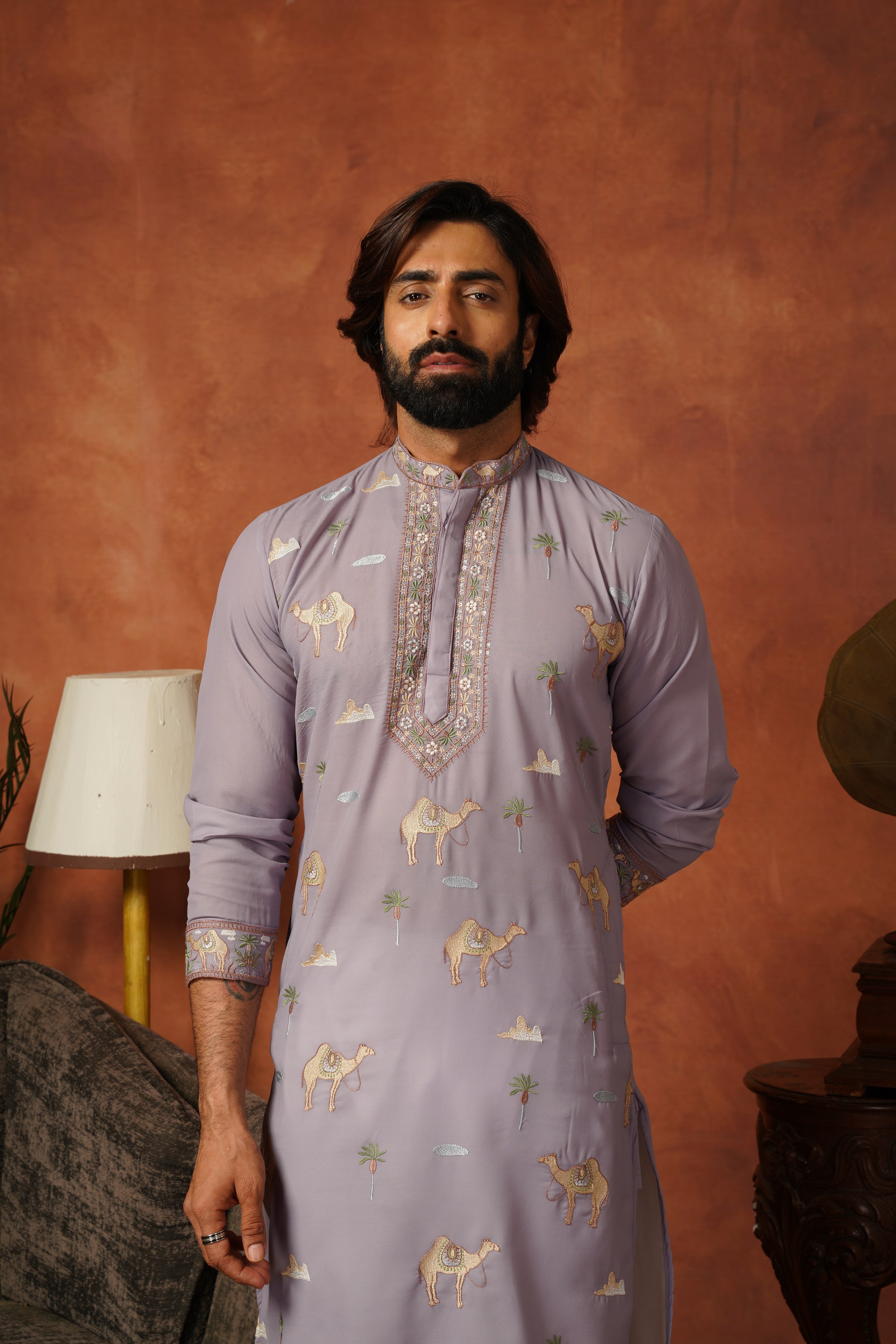 Designer Desert Theme Embroidered Lavender Kurta Set