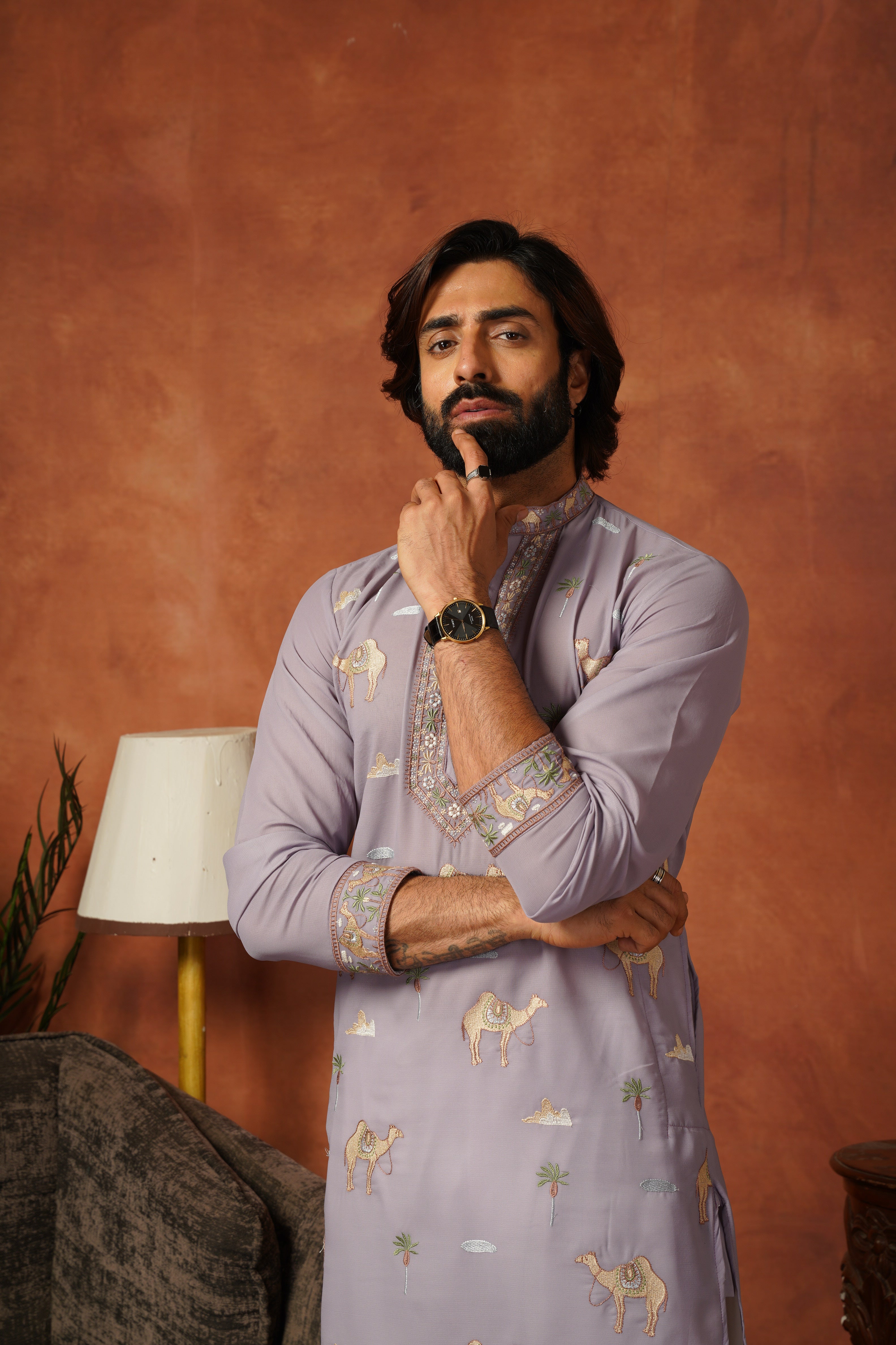 Designer Desert Theme Embroidered Lavender Kurta Set