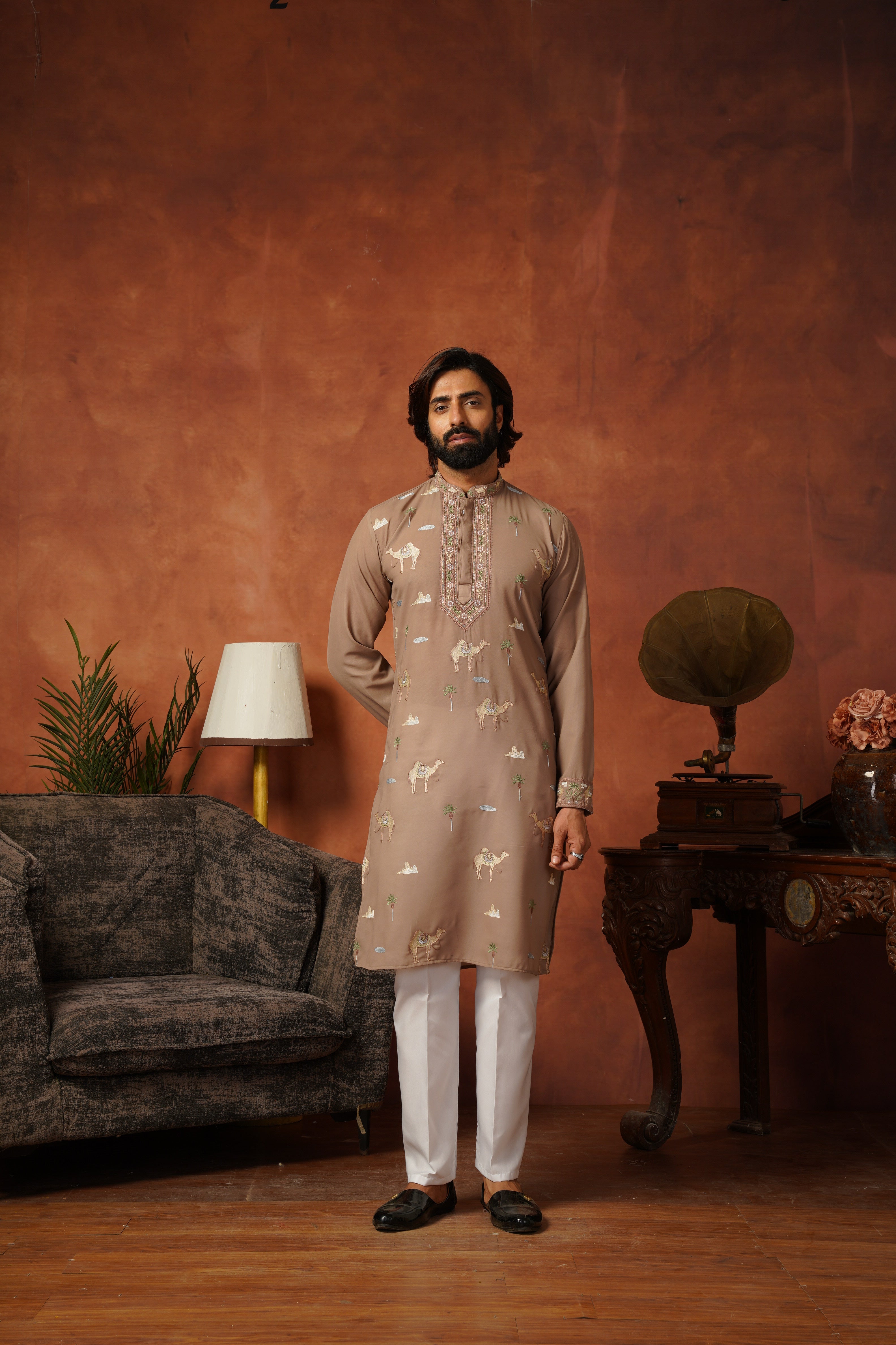 Designer Desert Theme Embroidered Rust Kurta Set