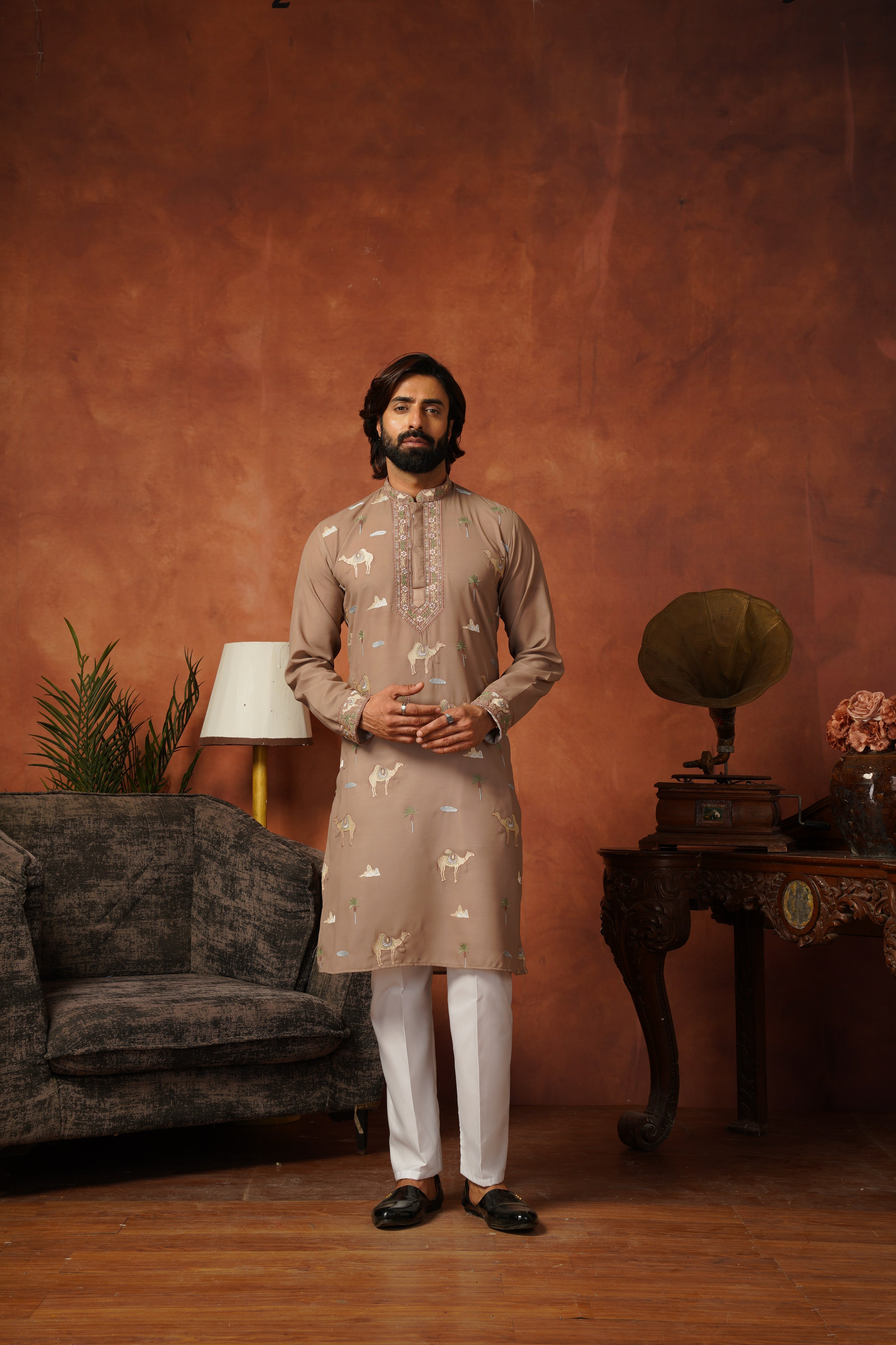Designer Desert Theme Embroidered Rust Kurta Set