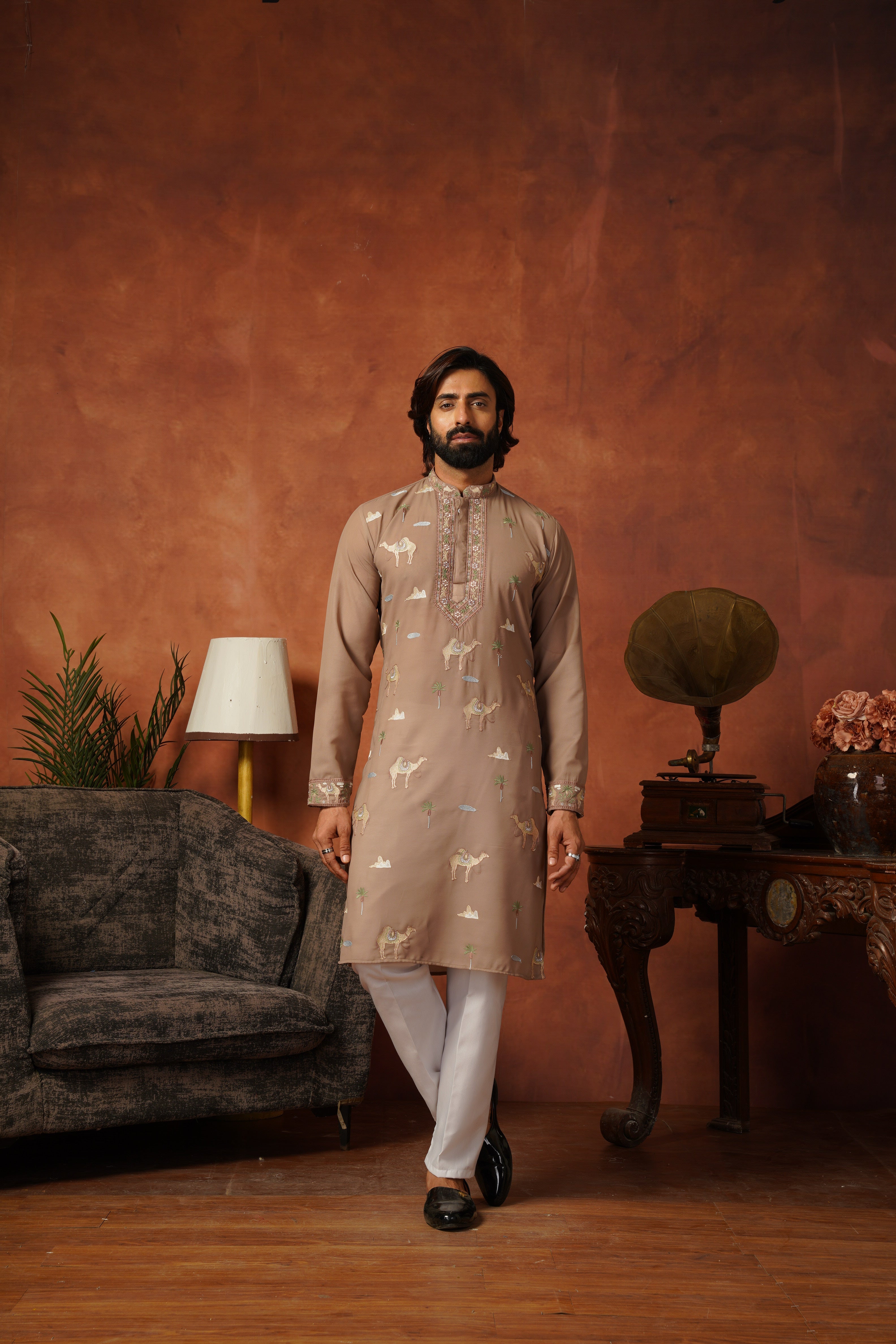 Designer Desert Theme Embroidered Rust Kurta Set