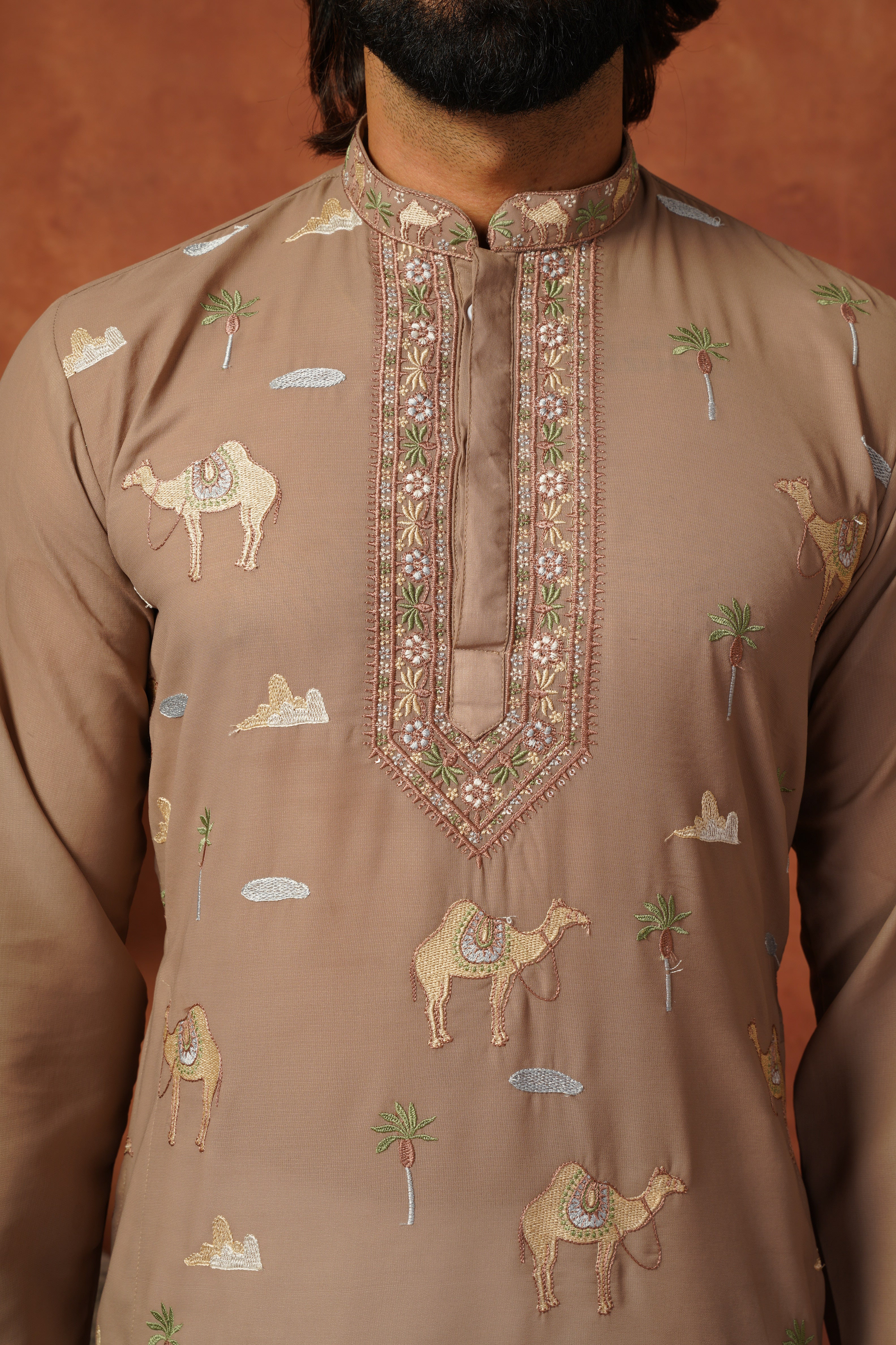 Designer Desert Theme Embroidered Rust Kurta Set