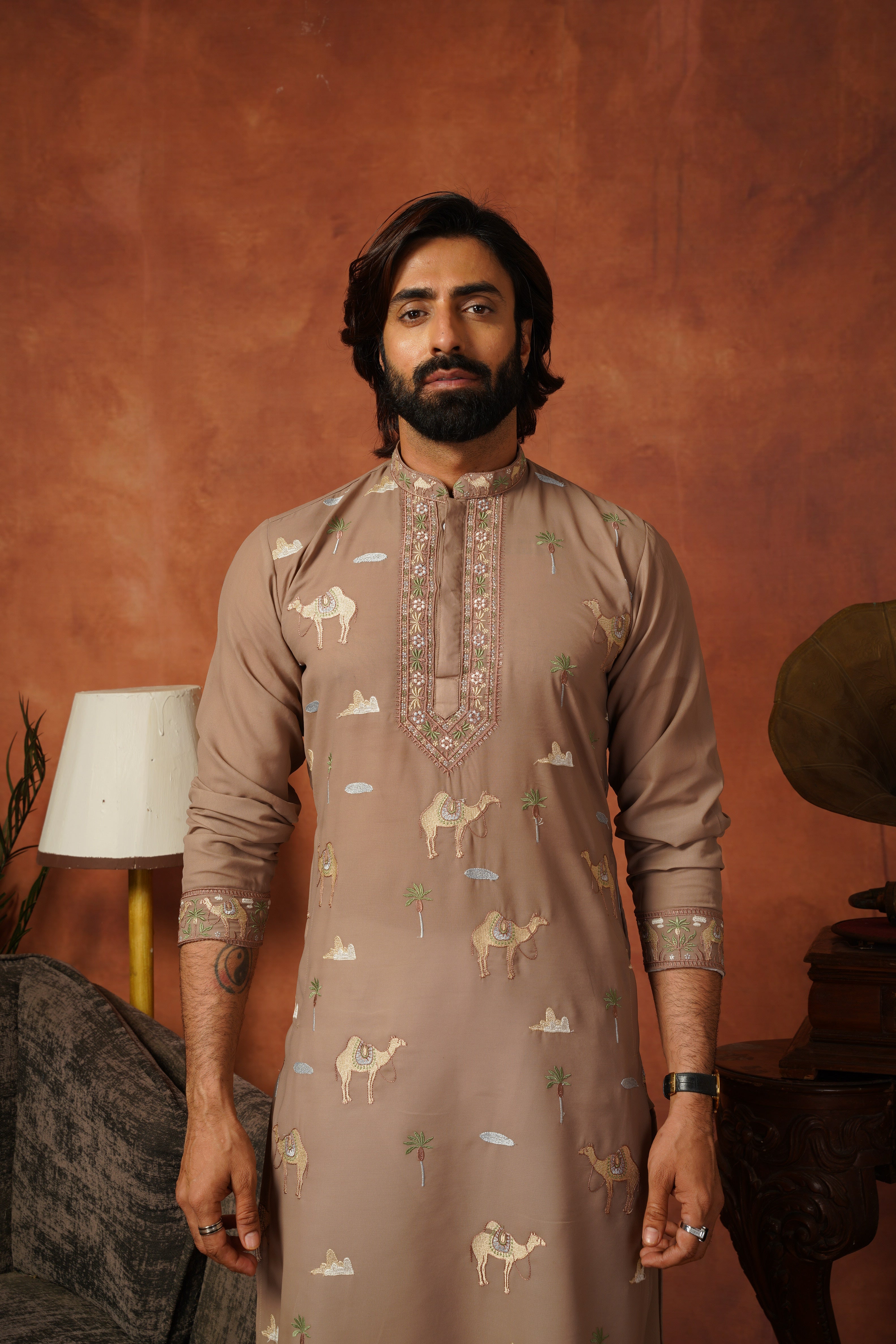 Designer Desert Theme Embroidered Rust Kurta Set