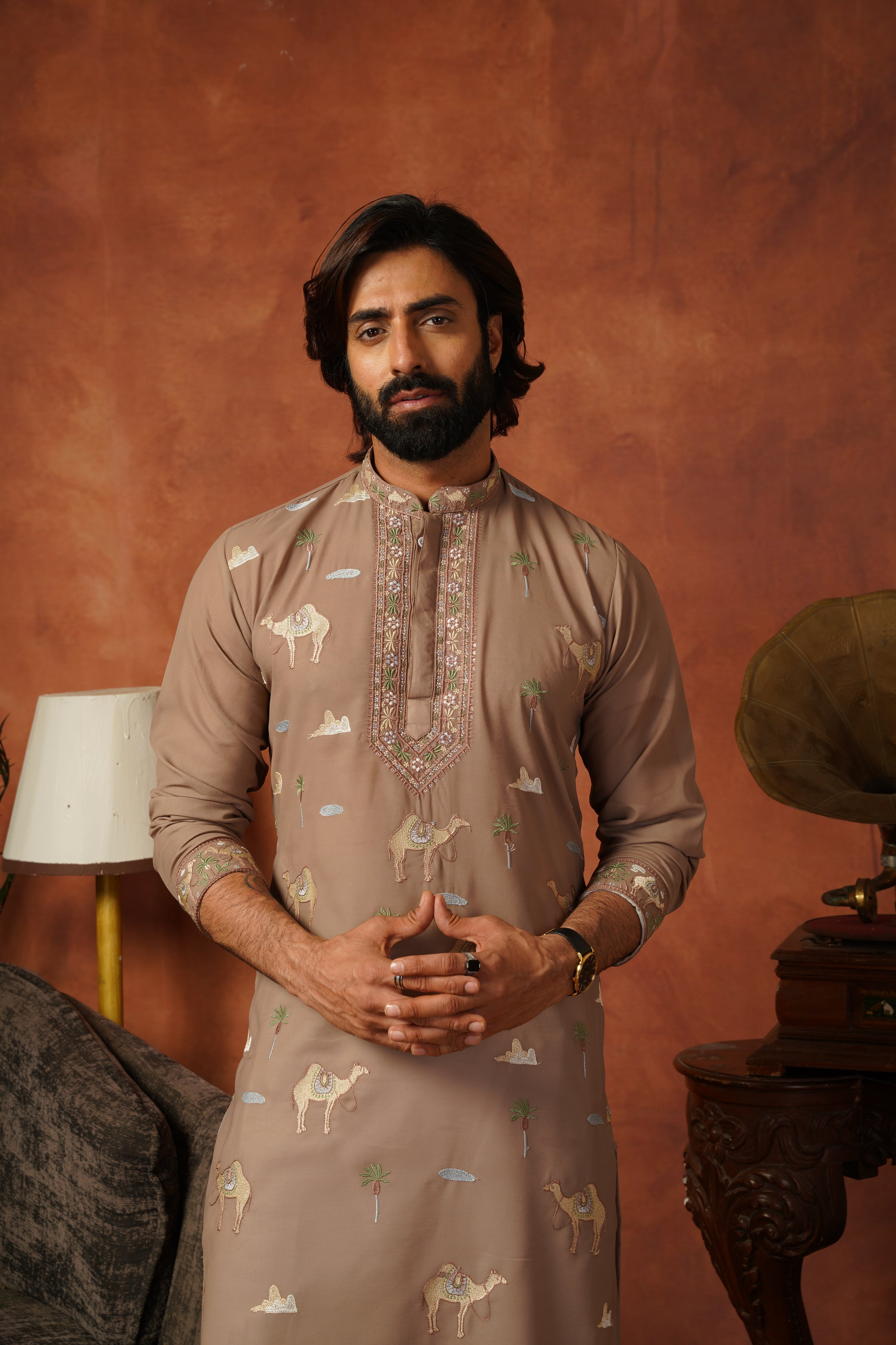 Designer Desert Theme Embroidered Rust Kurta Set