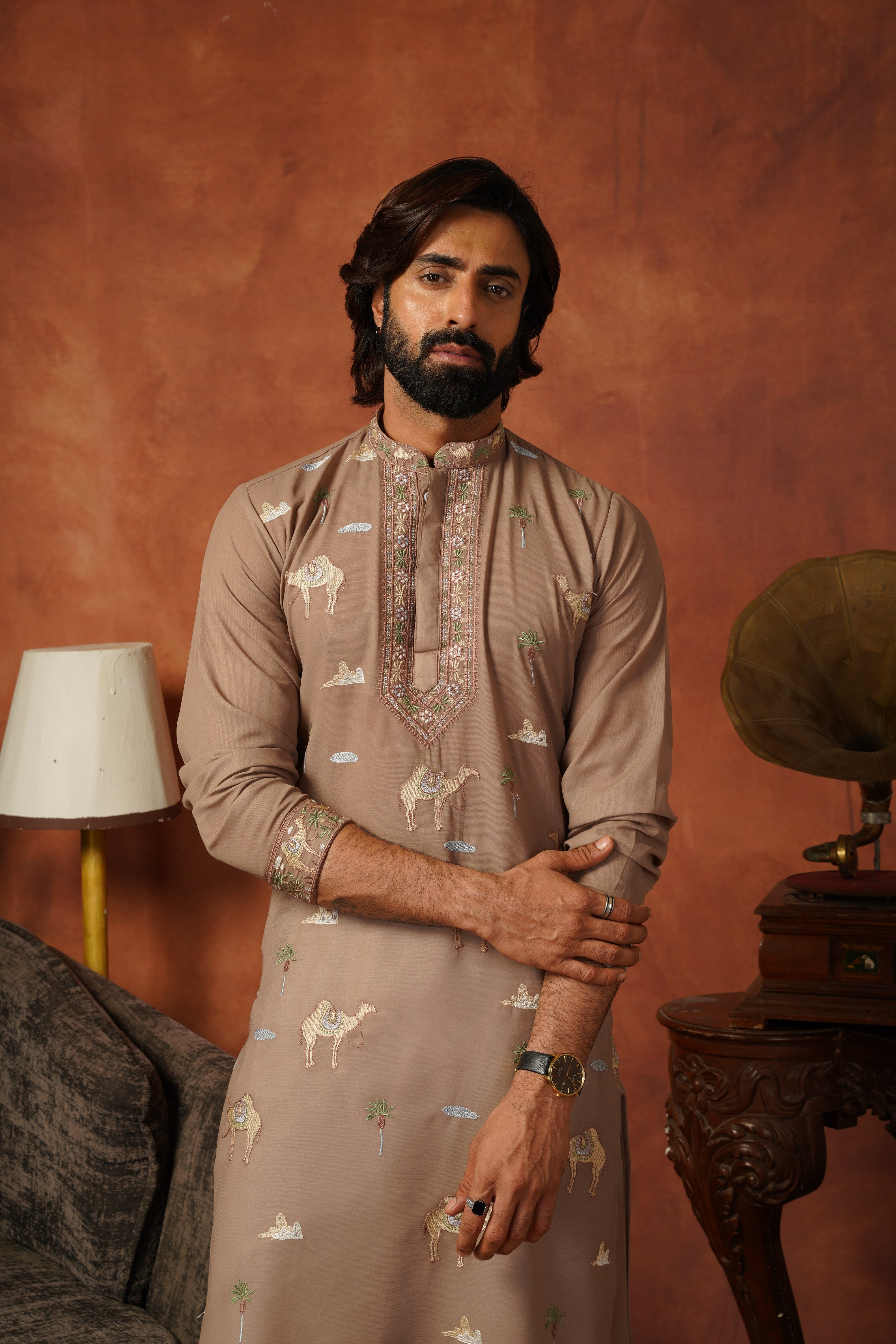 Designer Desert Theme Embroidered Rust Kurta Set