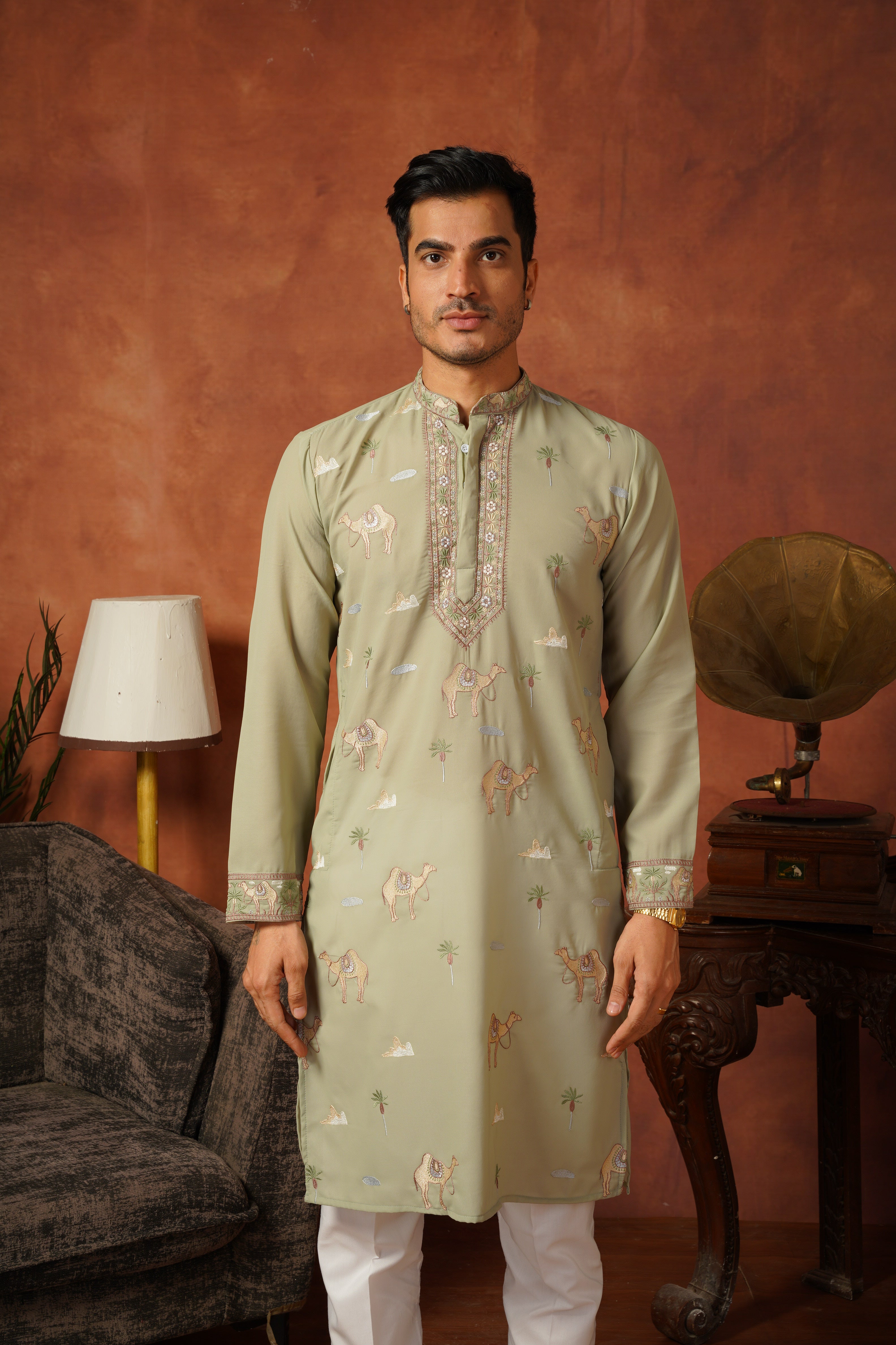 Designer Desert Theme Embroidered Pista Kurta Set