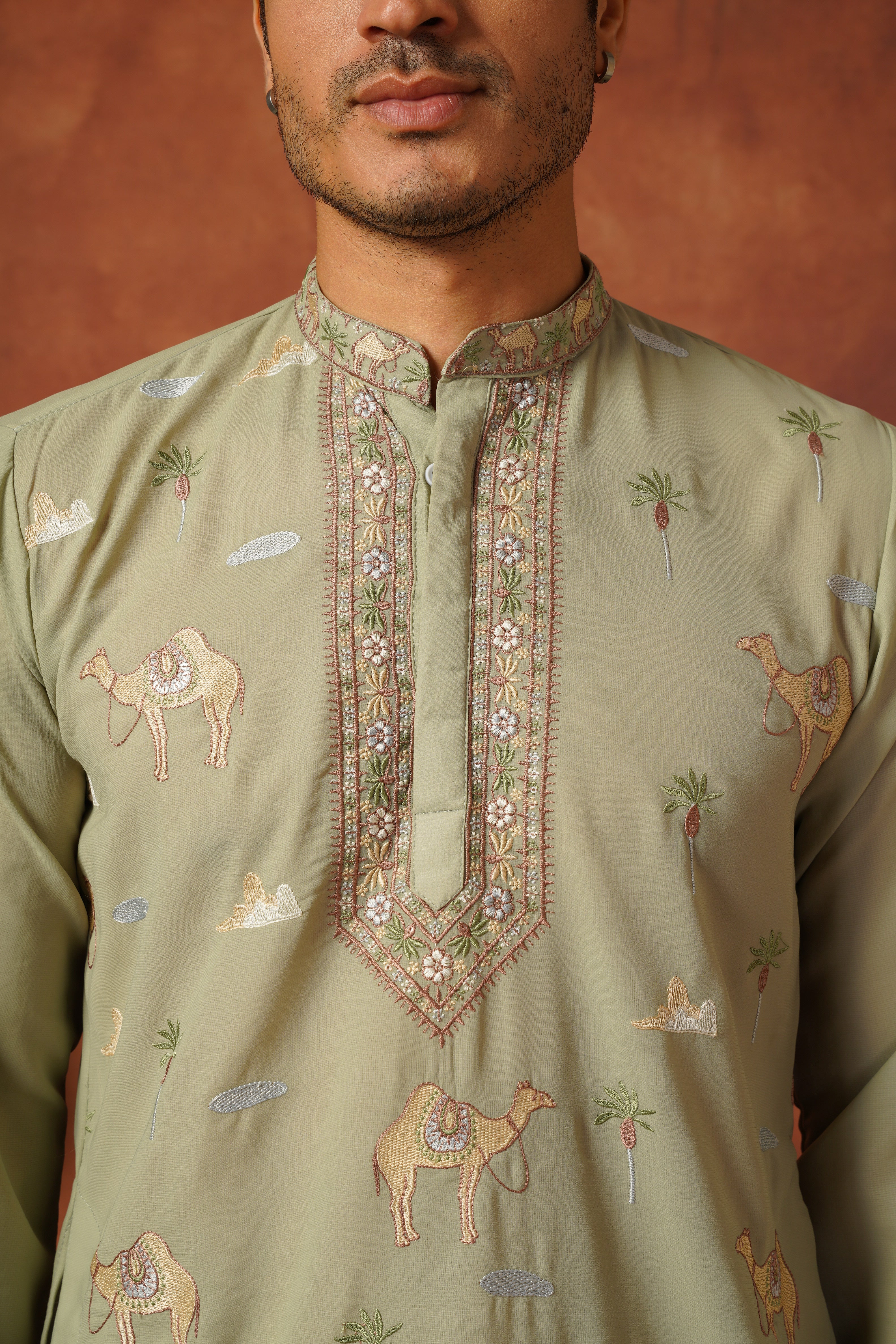 Designer Desert Theme Embroidered Pista Kurta Set