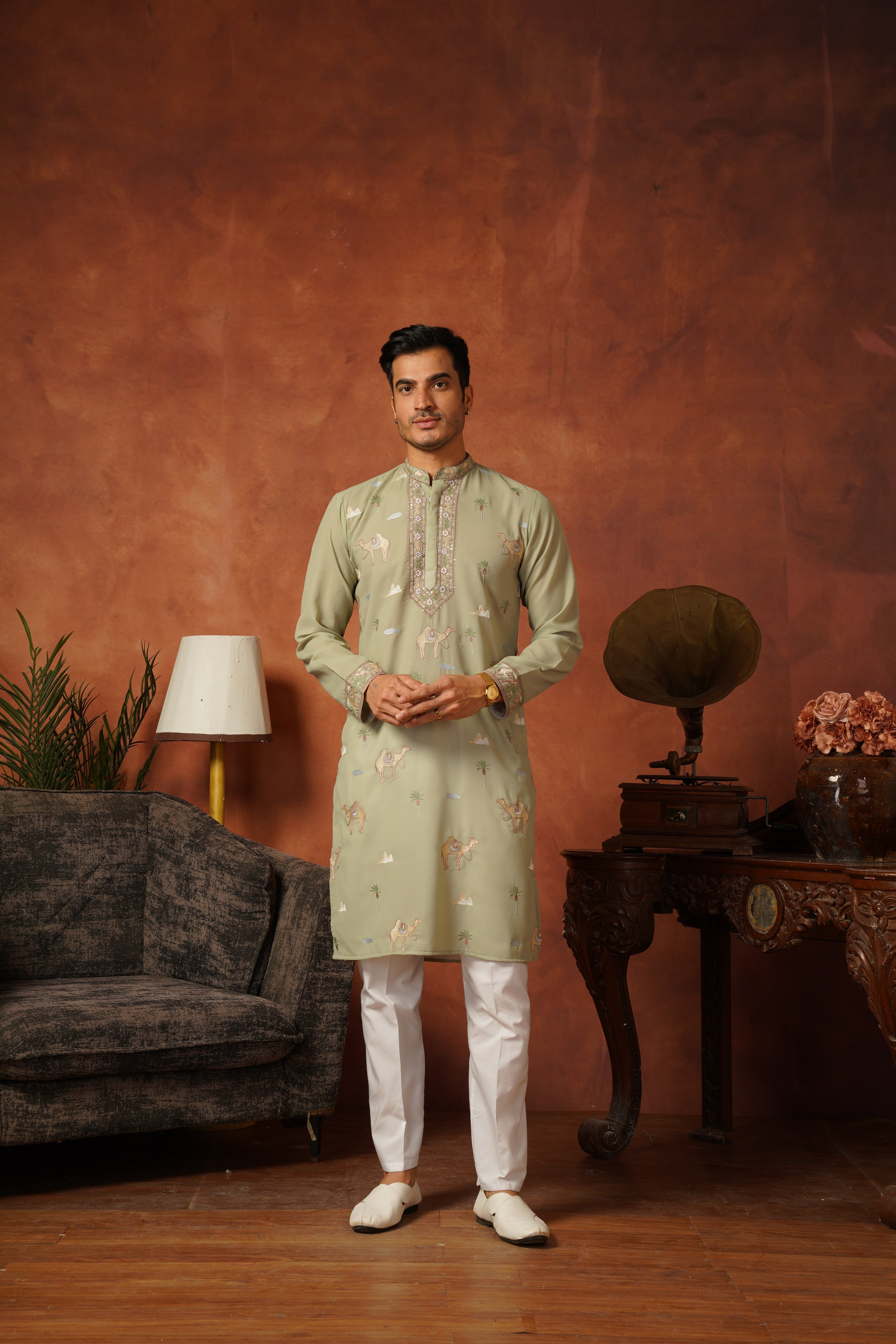 Designer Desert Theme Embroidered Pista Kurta Set