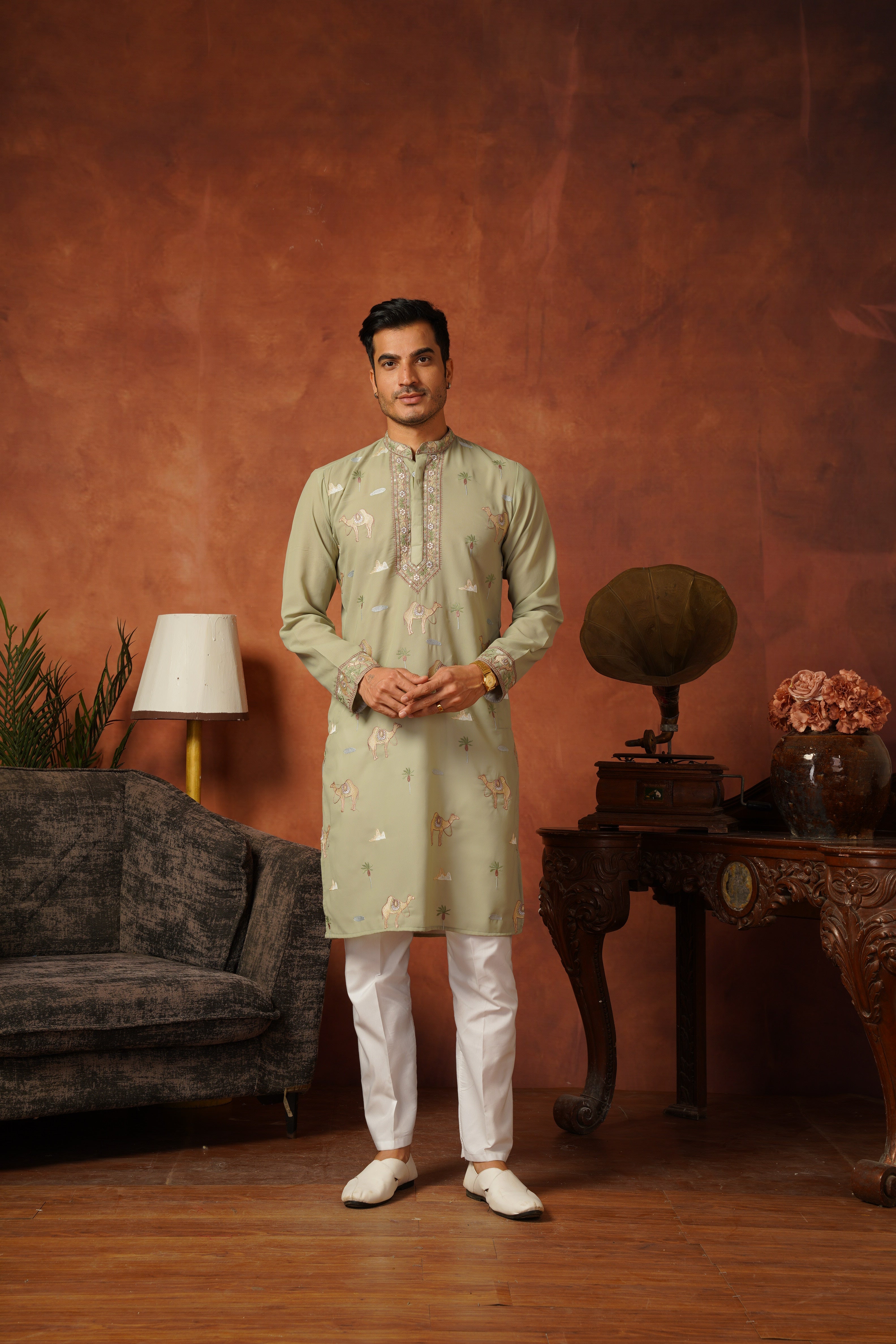 Designer Desert Theme Embroidered Pista Kurta Set