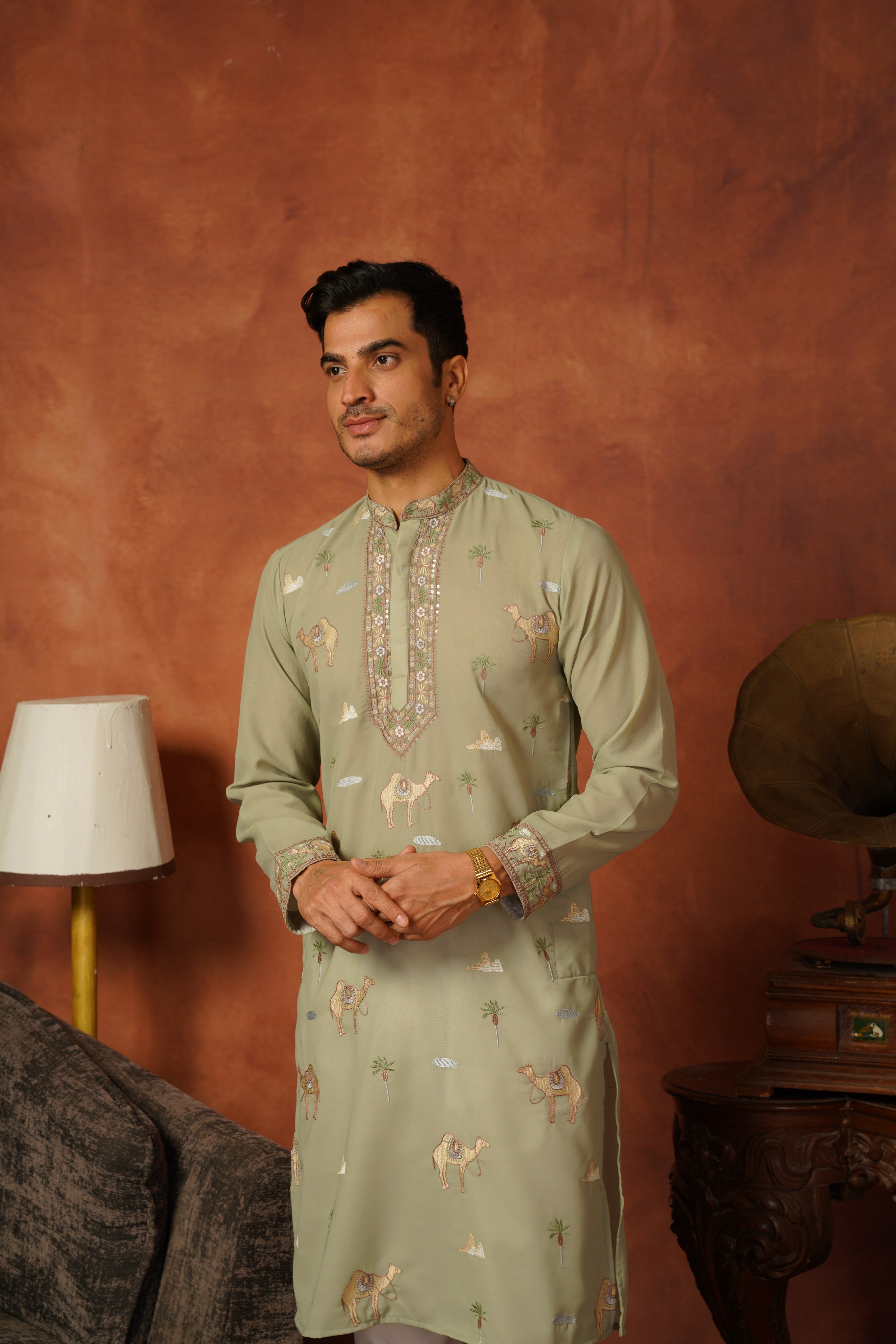 Designer Desert Theme Embroidered Pista Kurta Set