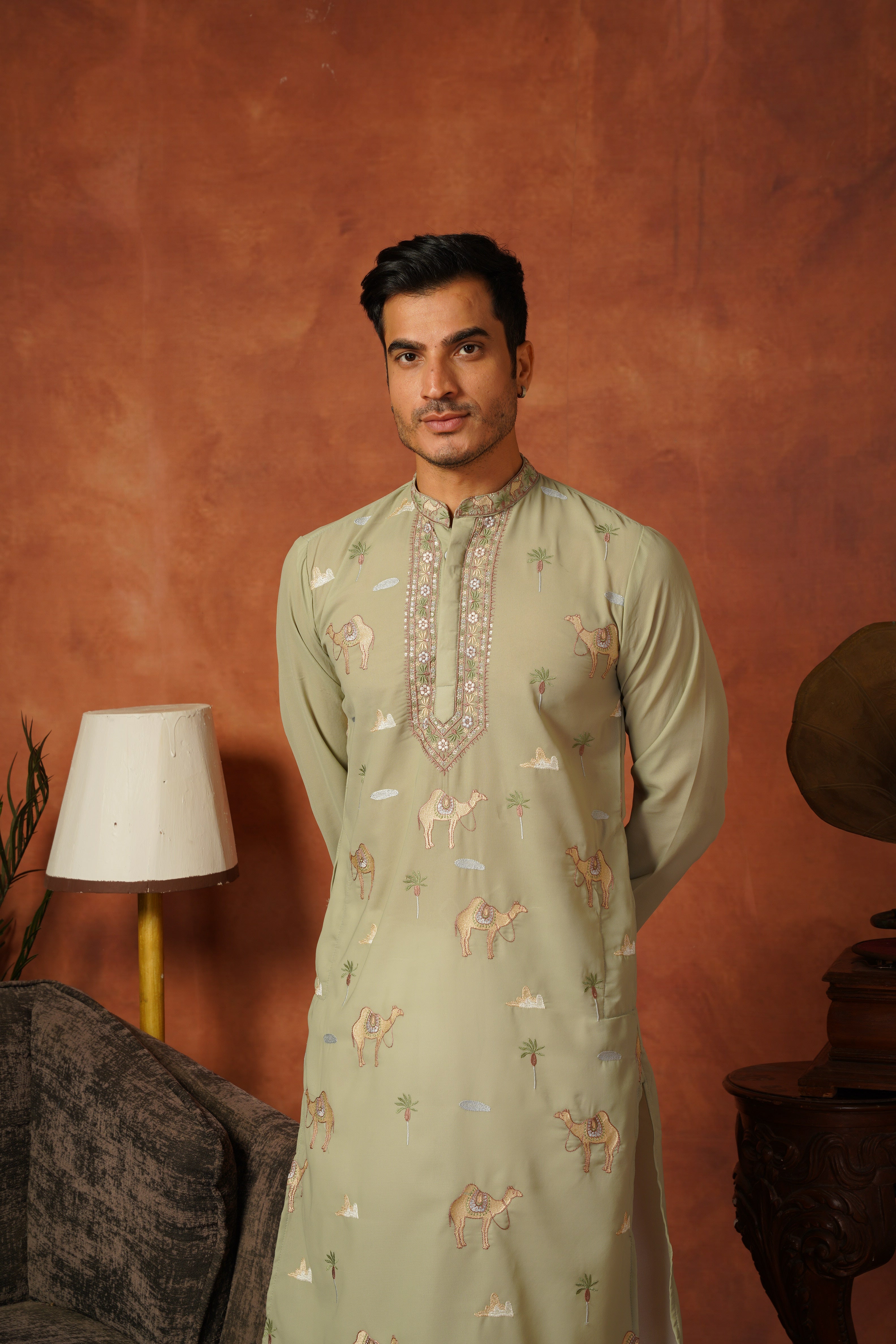Designer Desert Theme Embroidered Pista Kurta Set